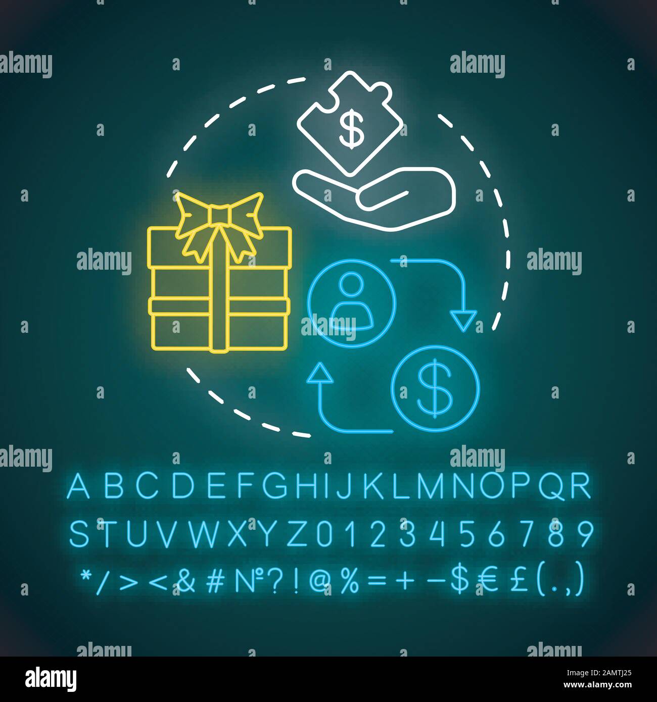 Icona della luce al neon di concetto di premio di riferimento. Strategia di marketing. Programmi premio bonus referral. Incoraggiare i clienti fedeli. Segno incandescente con alfabeto, nu Illustrazione Vettoriale