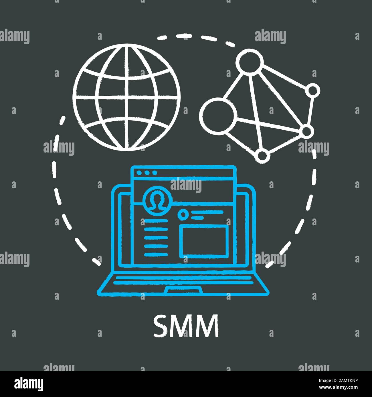 Icona del concetto di gesso SMM. Idea dello strumento di marketing digitale. Marketing sui social media. Sito Web di networking, condivisione dei contenuti. Promozione del prodotto. Vettore isolato c Illustrazione Vettoriale