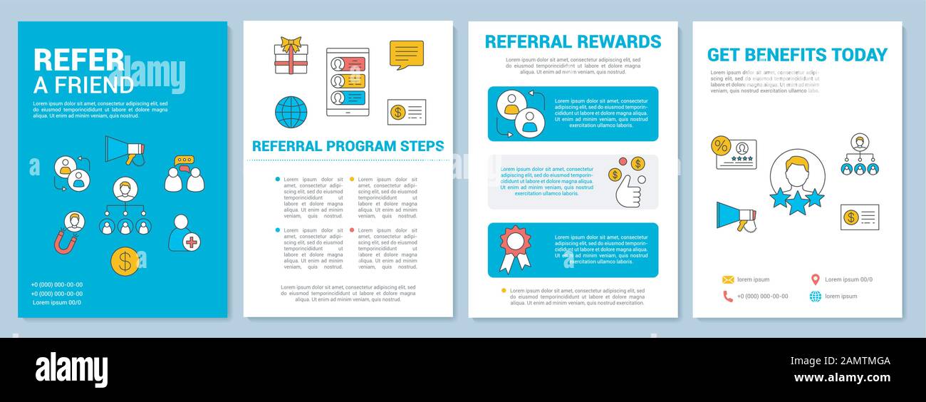 Layout del modello della brochure del programma di segnalazione marketing. Segnala un amico. Volantino, opuscolo, opuscolo stampa con illustrazioni lineari. Pagina vettoriale llayou Illustrazione Vettoriale