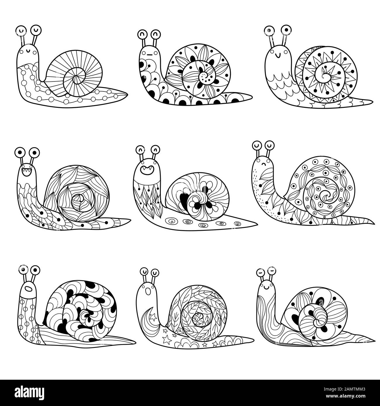 Collezione di lumache in bianco e nero. Elementi isolati Illustrazione Vettoriale