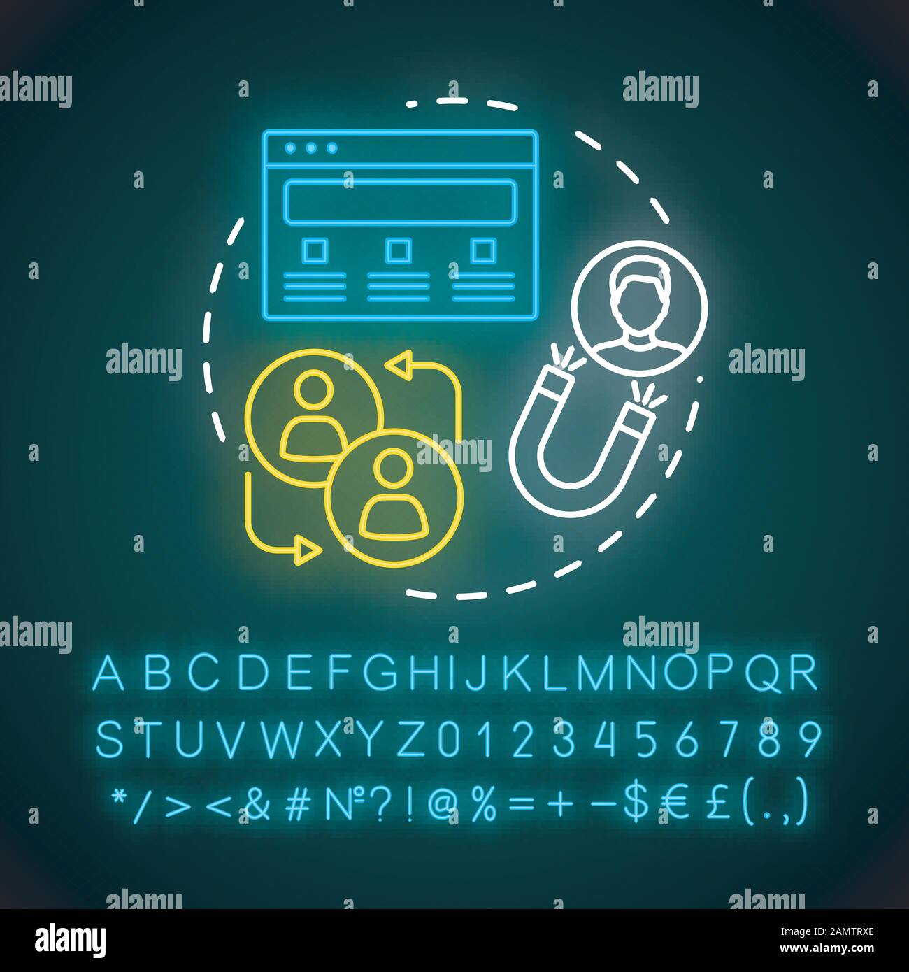Icona della luce al neon con il concetto di programma di riferimento. Campagna di marketing. Fidelizzazione dei clienti. Traffico di Web site, incoraggiamento dei consumatori. Alfabeto incandescente, numeri Illustrazione Vettoriale