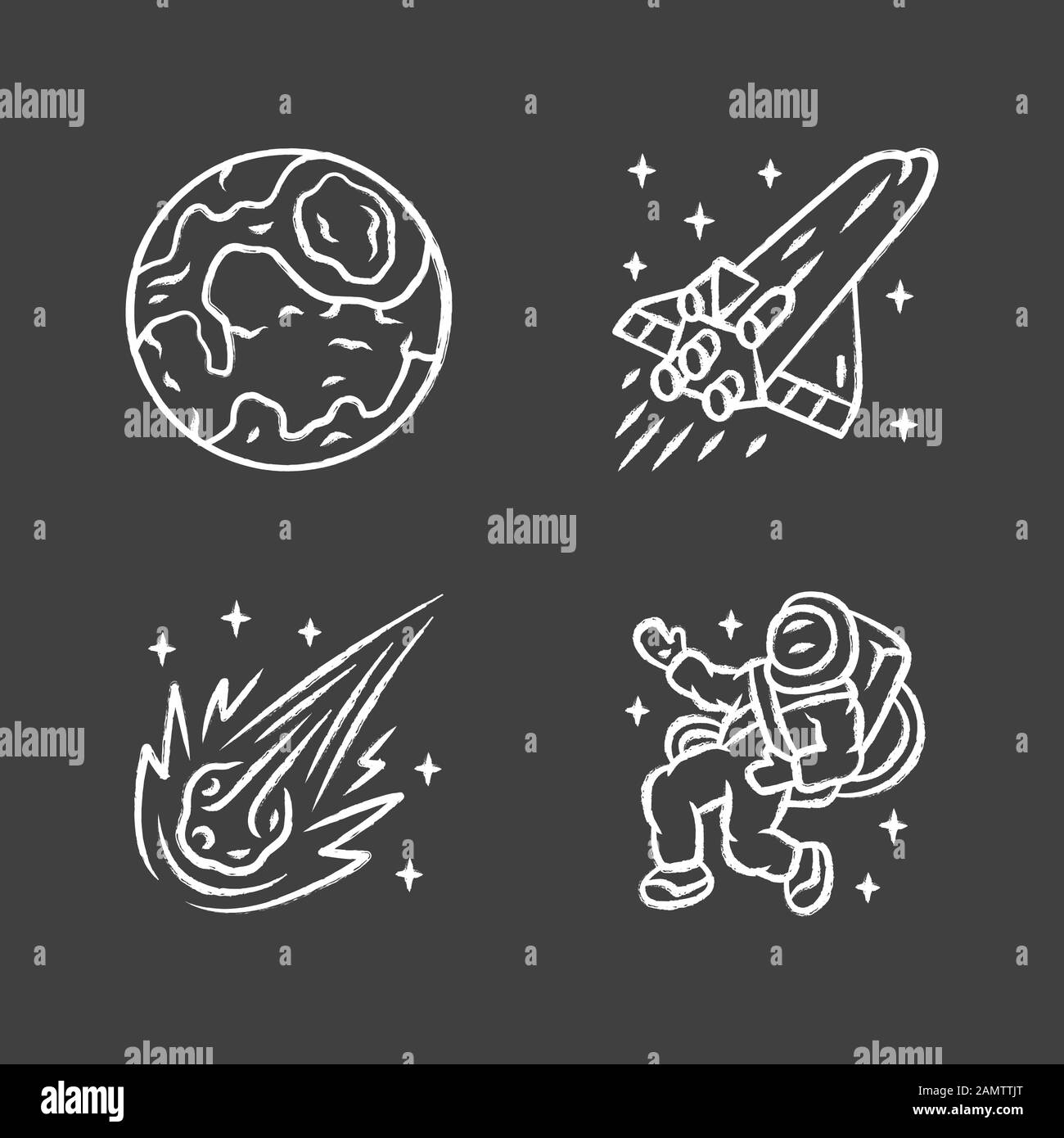 Set di icone di gesso astronomico. Esplorazione dello spazio. Terra, astronauta, astronauta. Astrofisica. Ricerca Galaxy. Viaggio interstellare. Missione cosmica. Illustrazione Vettoriale