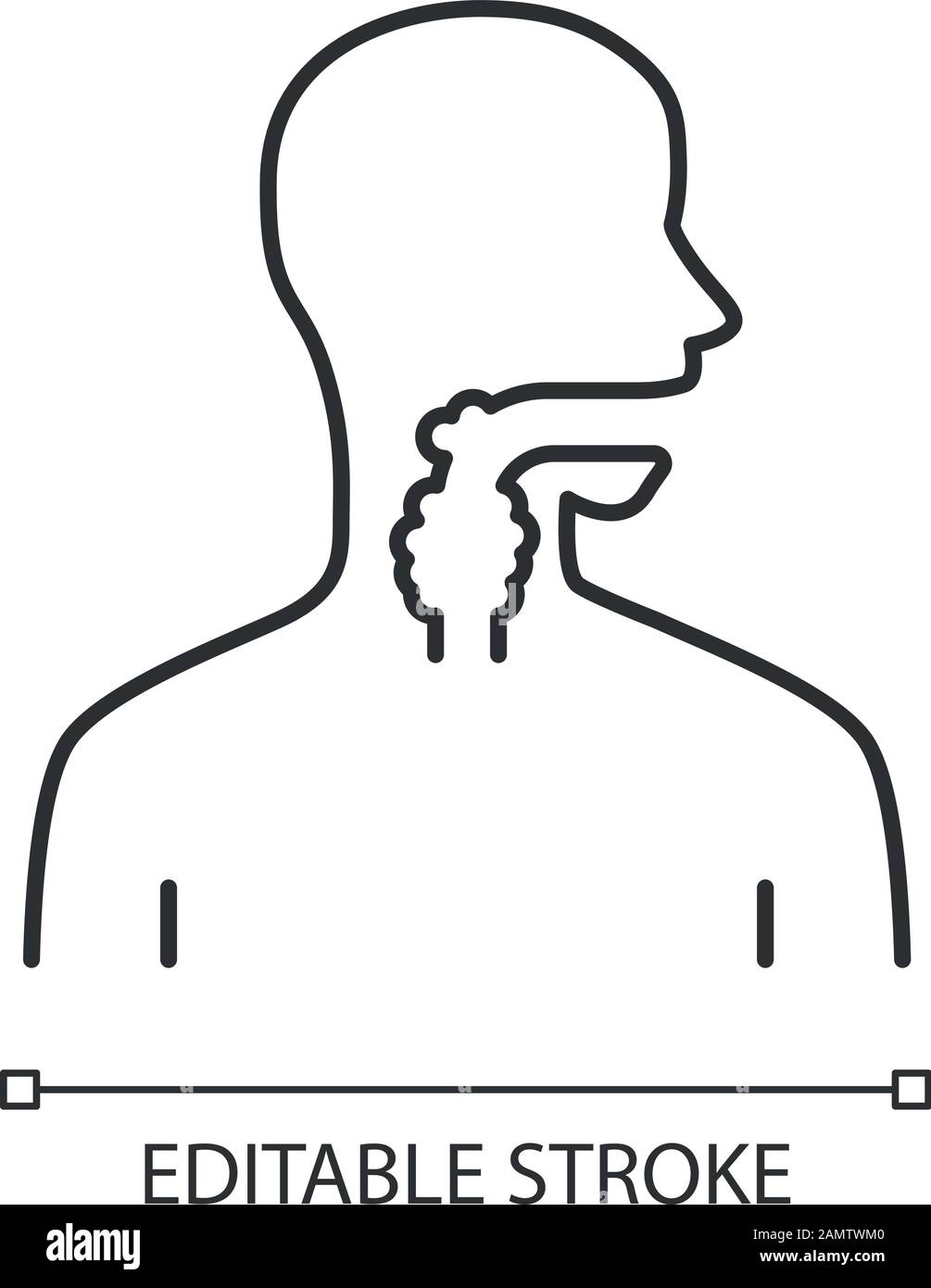 Icona lineare mal di gola. Angina, tonsillite. Sezione superiore del canale alimentare. Tratto gastrointestinale. Illustrazione a linee sottili. Simbolo del contorno. Vect Illustrazione Vettoriale