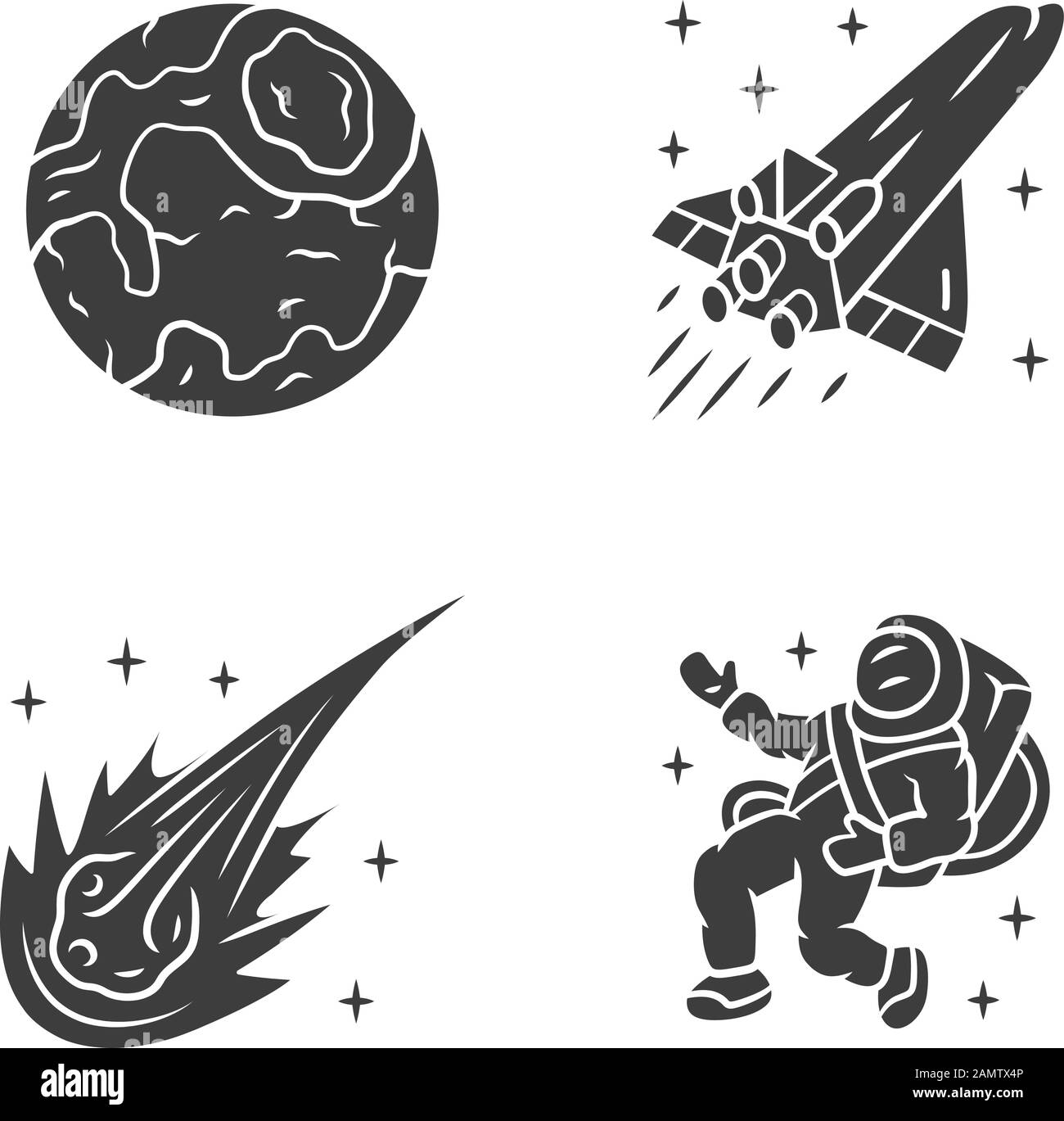 Icone glyph astronomiche impostate. Esplorazione dello spazio. Terra, astronauta, astronauta. Astrofisica. Ricerca Galaxy. Viaggio interstellare. Missione cosmica. Illustrazione Vettoriale