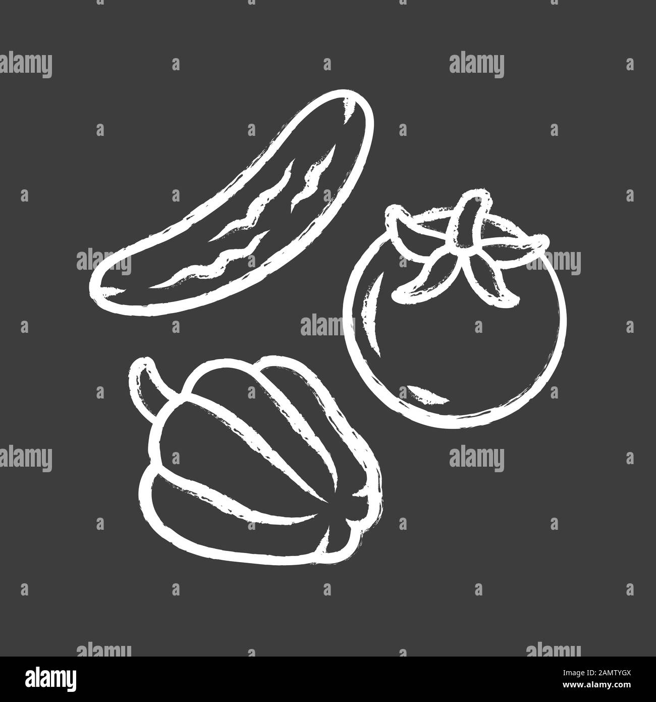 Verdure crude gesso icona. Dieta vegetariana e alimentazione sana. Cibo vegano biologico, verdure fresche ingredienti insalata. Cetriolo intero, pomodoro e campana pe Illustrazione Vettoriale