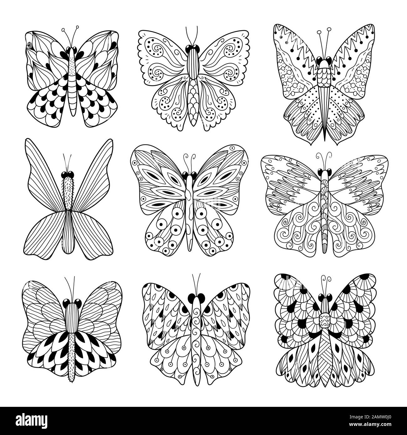 Collezione farfalle bianco e nero. Pagina da colorare Illustrazione Vettoriale