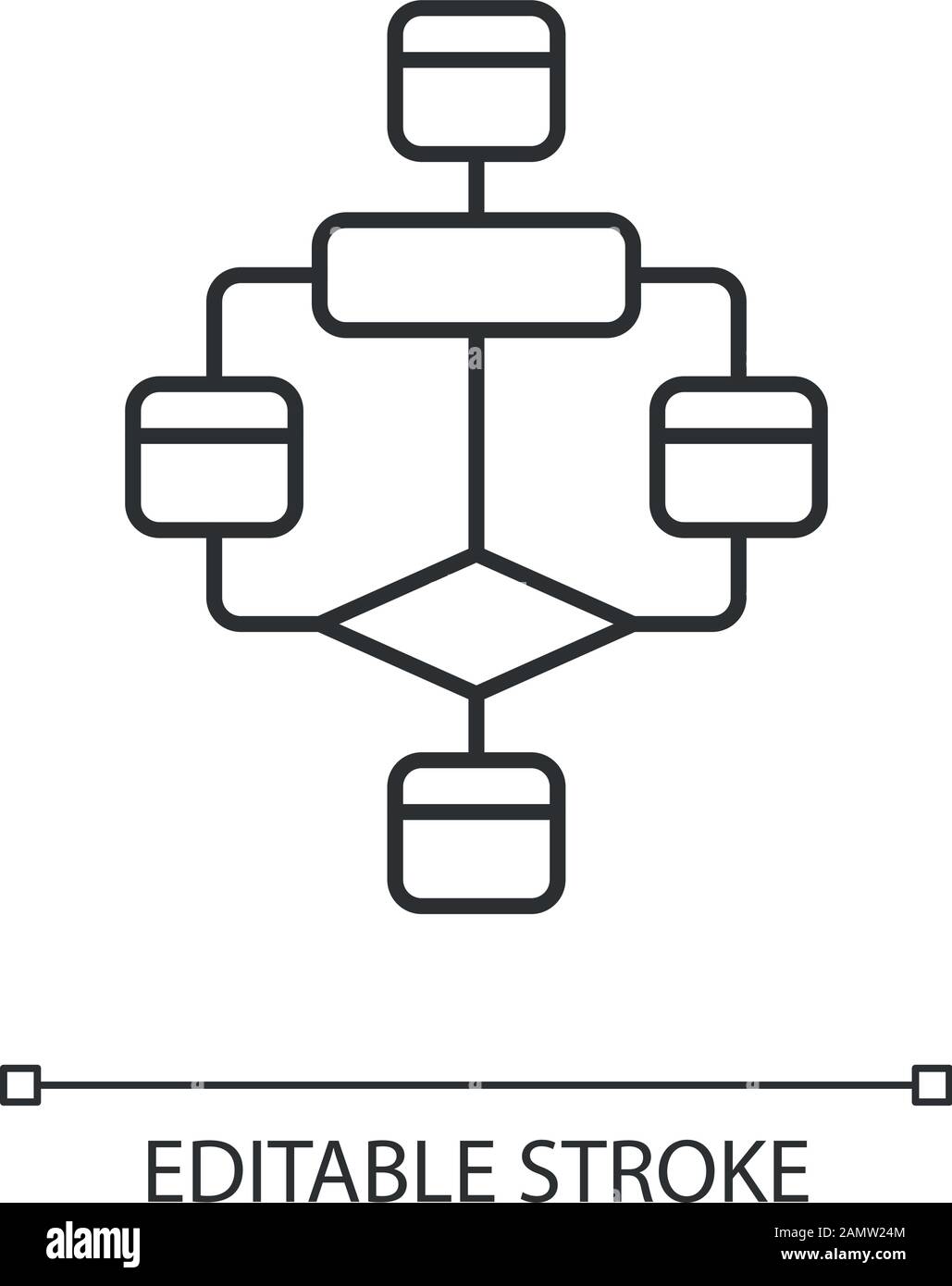 Icona lineare del diagramma di flusso. Diagramma. Visualizzazione del processo. Fasi di risoluzione dei problemi. Sequenza logica del programma. Illustrazione a linee sottili. Simbolo del contorno. Vect Illustrazione Vettoriale