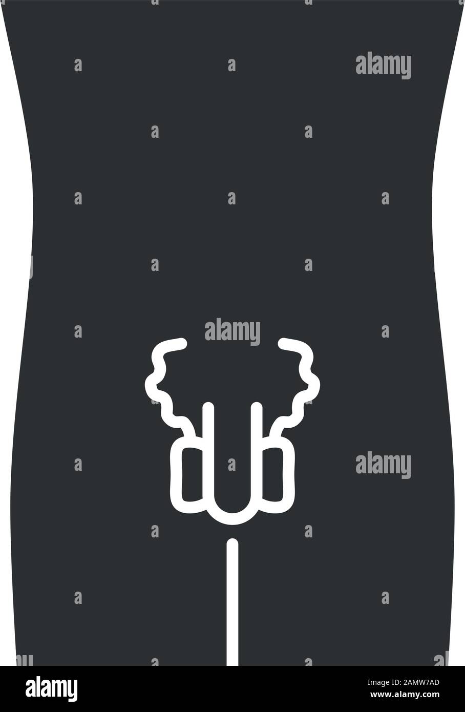 Ill MEN icona glifo del sistema riproduttivo. Organo umano irritato. Malattia della gente. Parte interna del corpo malata. Salute degli uomini. Simbolo di silhouette. Spazio negativo. Vect Illustrazione Vettoriale