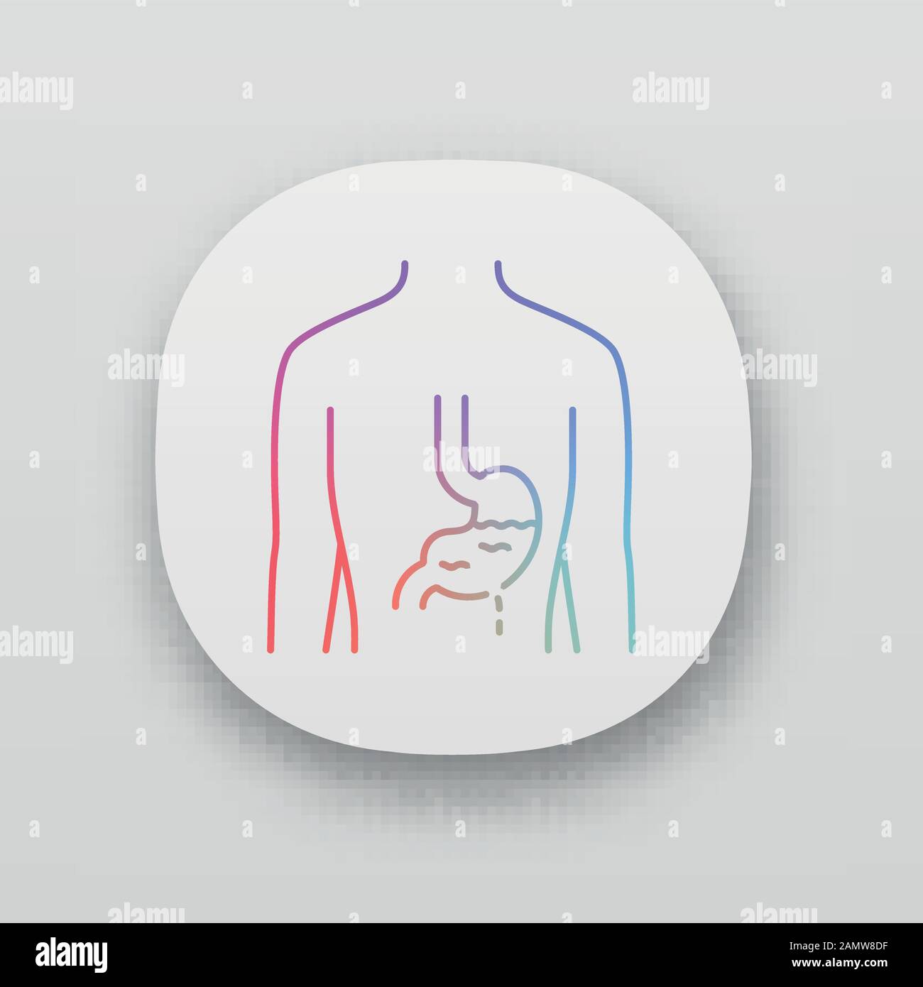 Icona app mal di stomaco. Gastrite. Organo umano irritato. Malattia della gente. Sistema digestivo non sano. Tratto gastrointestinale. Interfaccia utente/UX. Web o mo Illustrazione Vettoriale