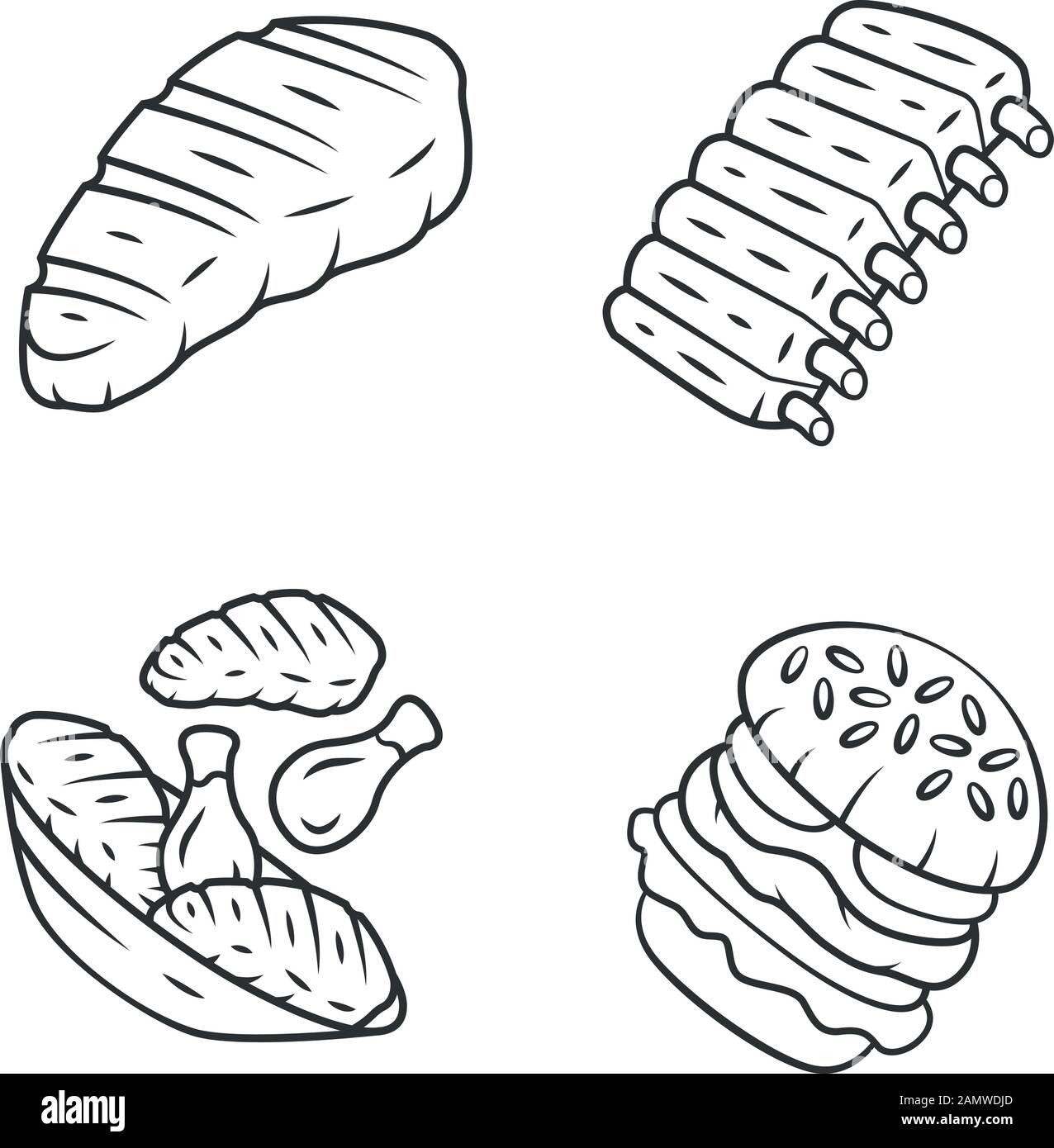 Set di icone lineari per piatti a base di carne. Bistecca, costolette di manzo, gambe di pollo, hamburger. Macellaio negozio prodotto. Menu Steakhouse. Simboli di contorno a linea sottile. vecto isolato Illustrazione Vettoriale