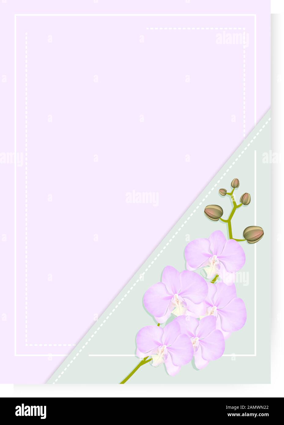 Angolo rosa modello verticale con sfondo verde trasparente, luogo per il testo e un ramo realistico di orchidee rosa con infiorescenze sul bo Illustrazione Vettoriale
