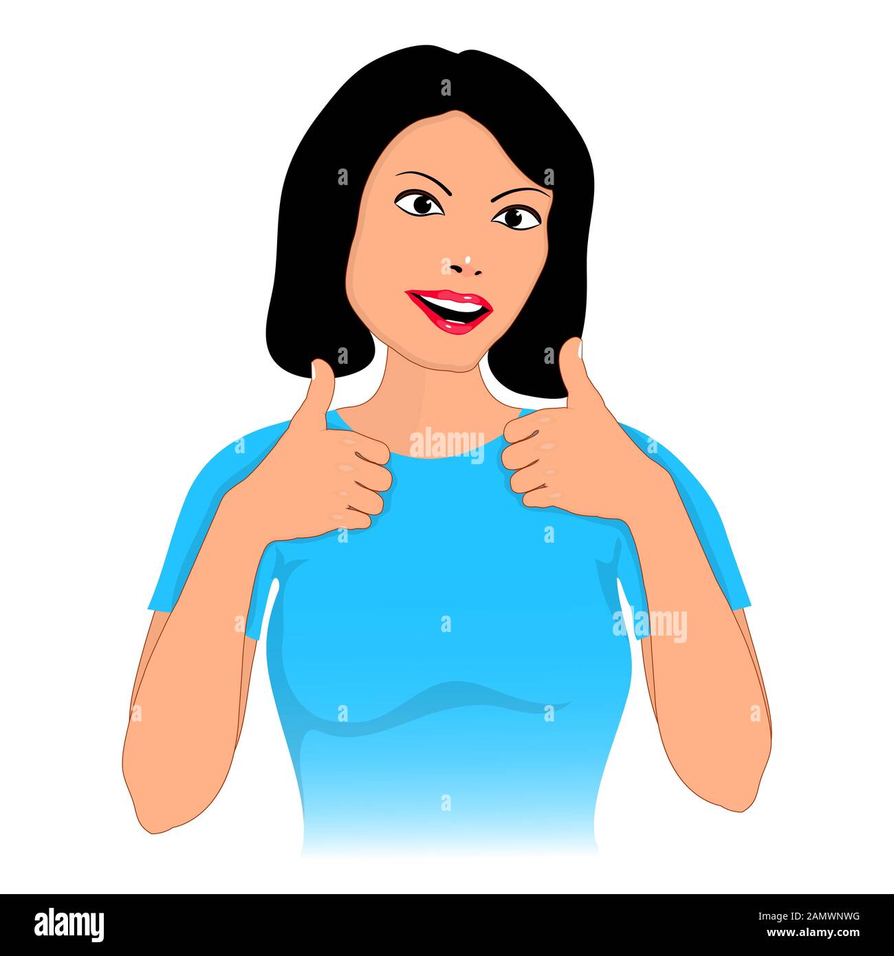 donna di buon umore dà pollici in su. illustrazione del vettore isolata su uno sfondo bianco. Illustrazione Vettoriale