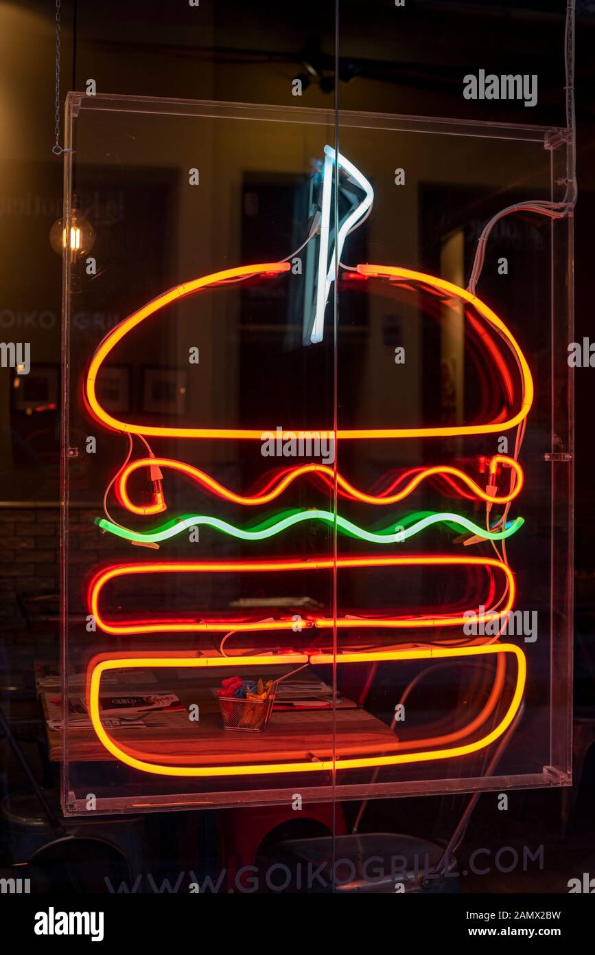 Il Neon Hamburger segno Foto Stock