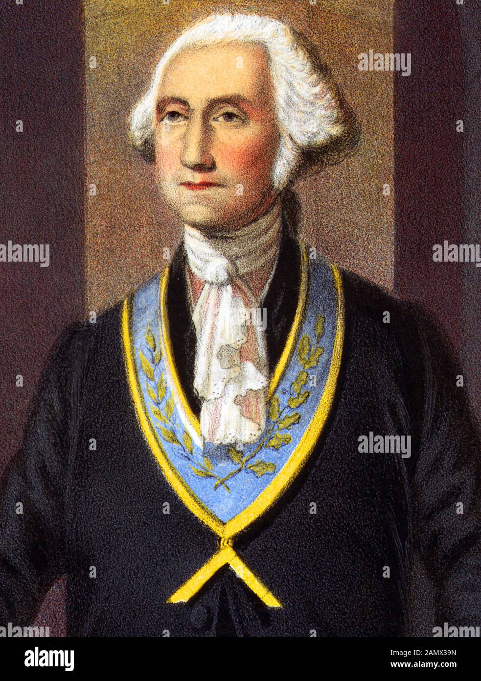 Ritratto d'epoca raffigurante George Washington (1732 - 1799) nell'abito di un freemason. Washington fu comandante dell'esercito continentale nella Guerra rivoluzionaria americana / Guerra d'Indipendenza (1775 – 1783) e il primo presidente degli Stati Uniti (1789 – 1797). Dettaglio da una stampa del 1867 di Strobridge & Co di Cincinnati intitolata "Washington Come Freemason". Foto Stock