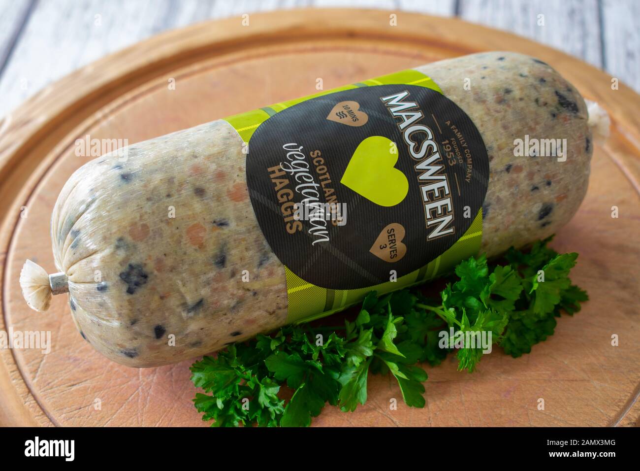 Vegetariano Macsweens Haggis, una carne alternativa libera per le ustioni di notte. Foto Stock