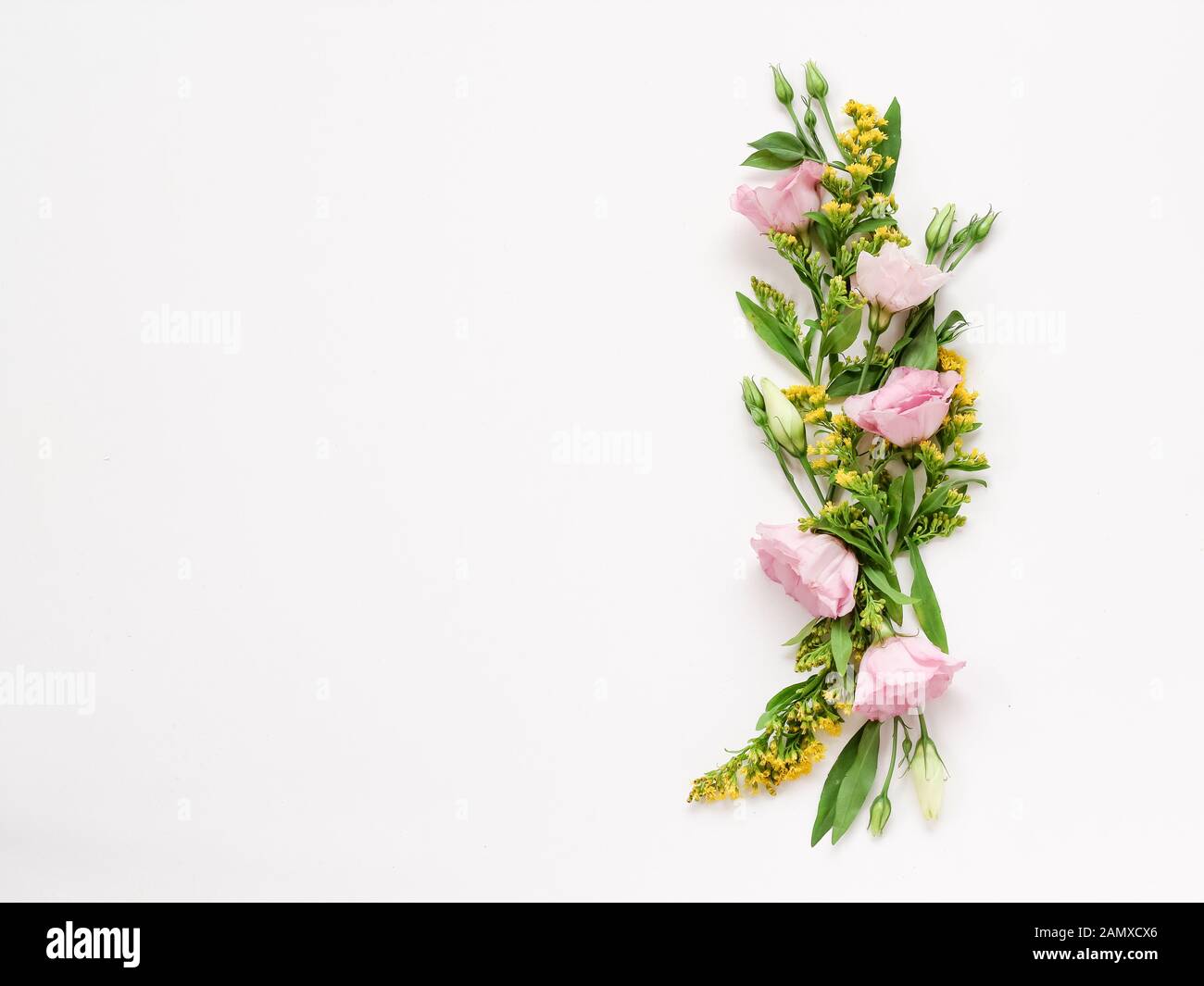 Bordo floreale con fiori rosa e giallo su sfondo bianco con spazio copia. Utilizzare per gli inviti, i messaggi di saluto Foto Stock