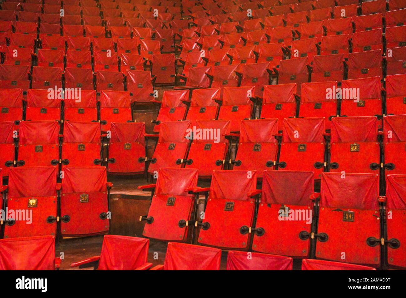File di sedie rosse in un cinema, club o circo. Sala concerti vuota. Il concetto di invito a un evento di intrattenimento, concerto. Pos. Evento Foto Stock