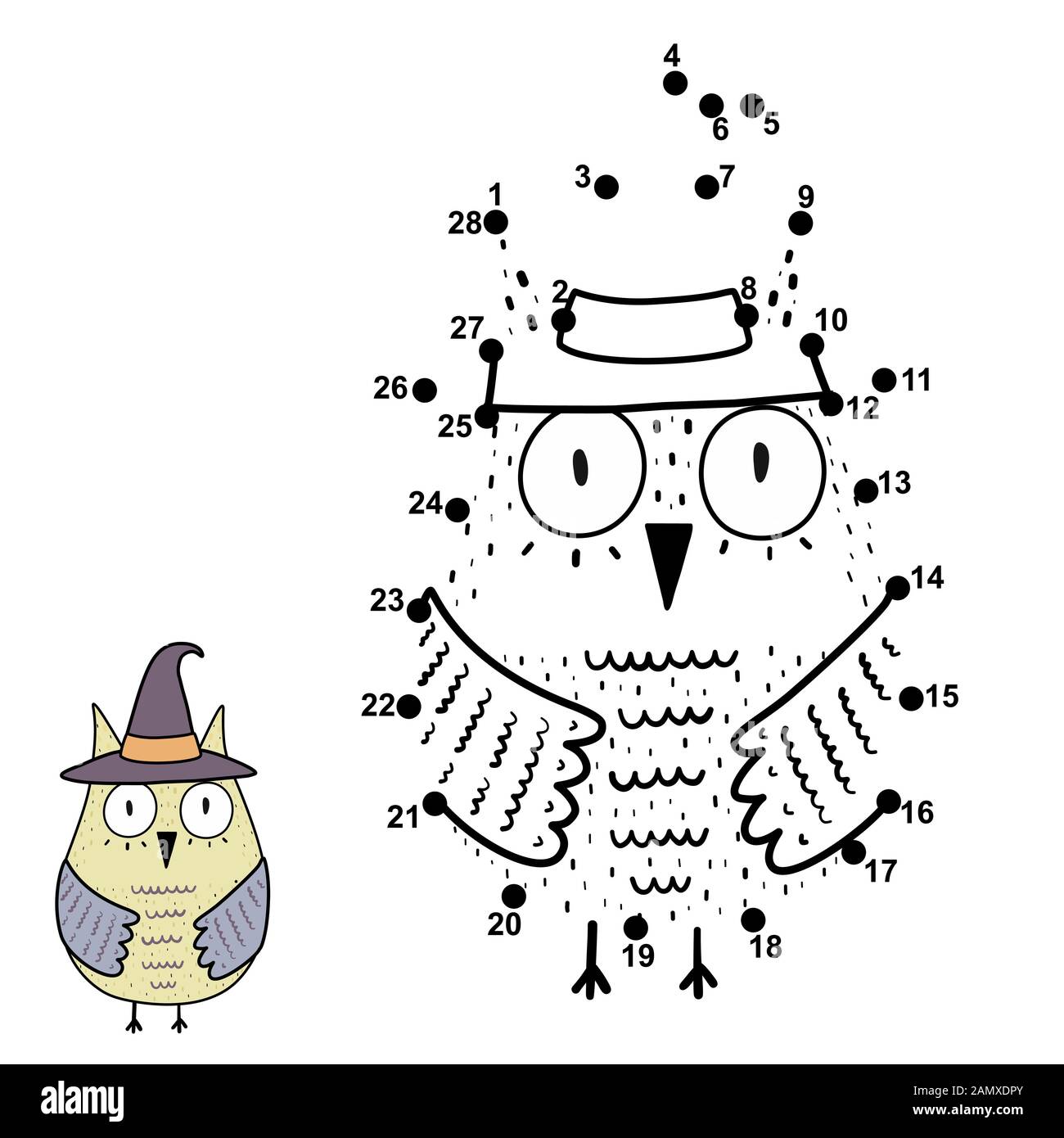 Collegare i numeri e disegnare un gufo divertente nel cappello della strega Illustrazione Vettoriale
