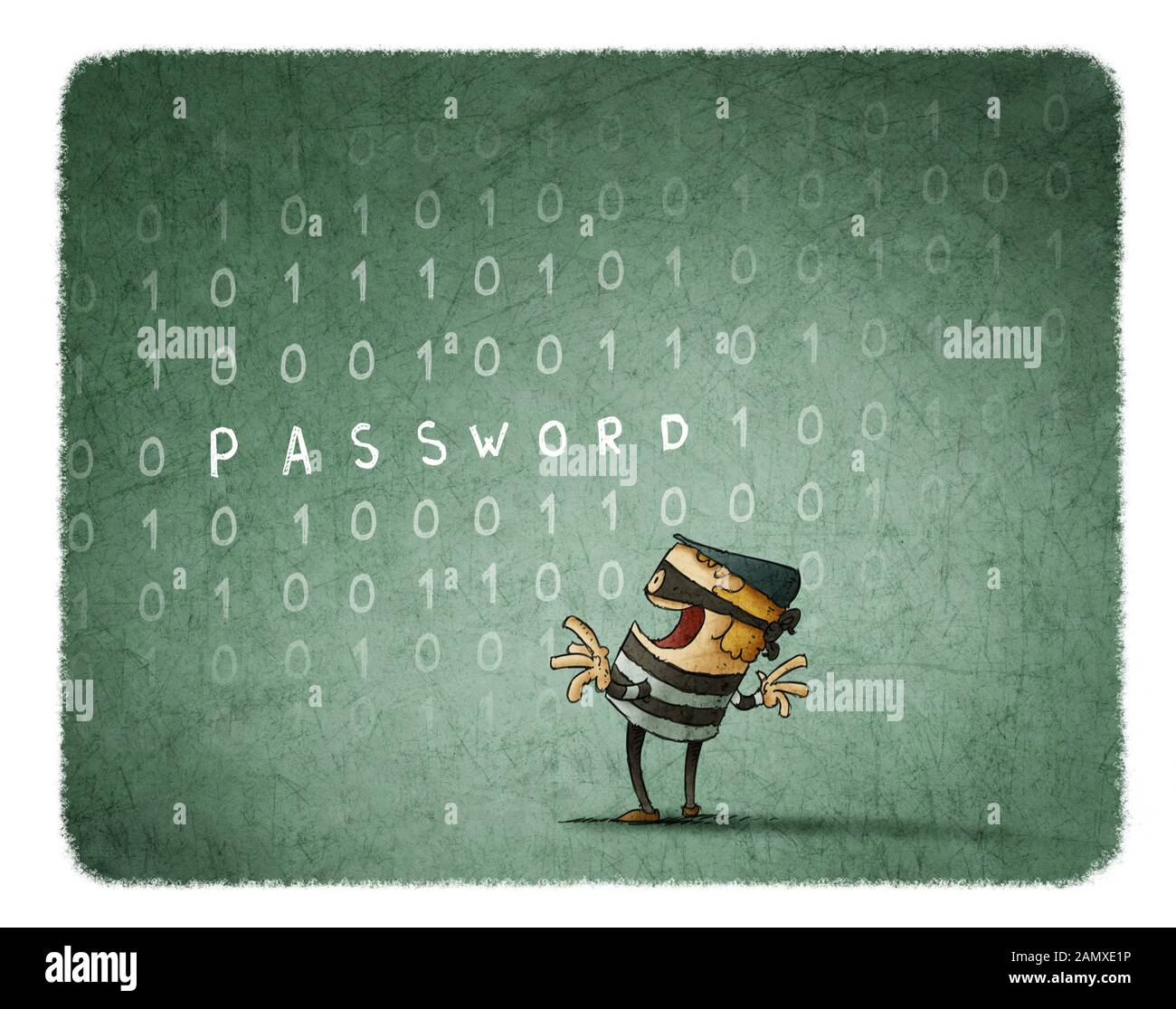 Internet Concetto di furto. Ladro ruba la password di uno sfondo con i numeri binari. Foto Stock