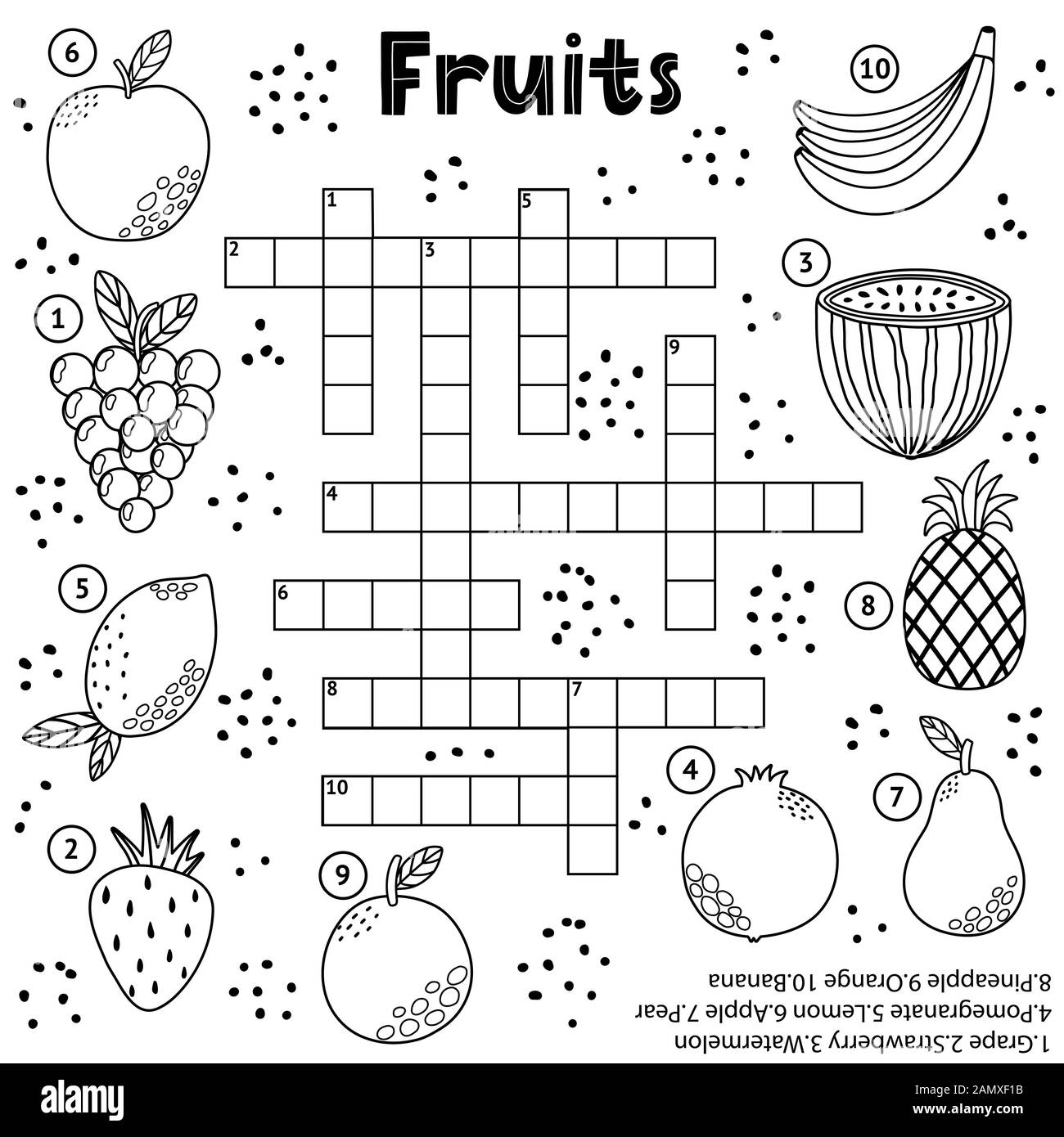 Gioco di puzzle cruciverba in bianco e nero con frutta per bambini Illustrazione Vettoriale