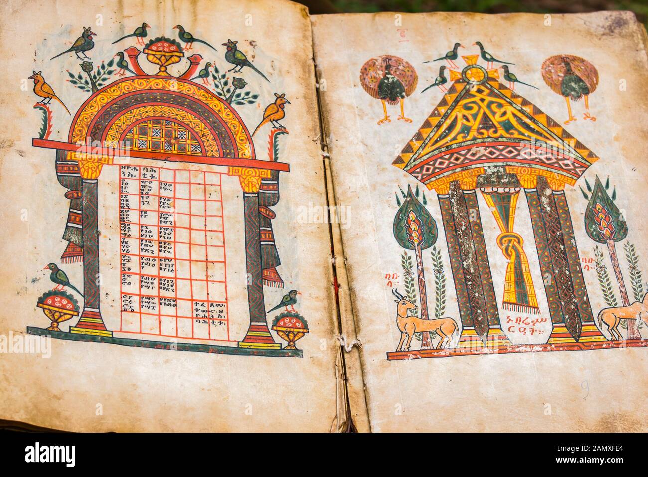 I tesori del monastero includono un antico manoscritto illuminato. Kebran Gabriel Monastero, Kebran Gabriel Island, Lago Tana. Etiopia. Foto Stock