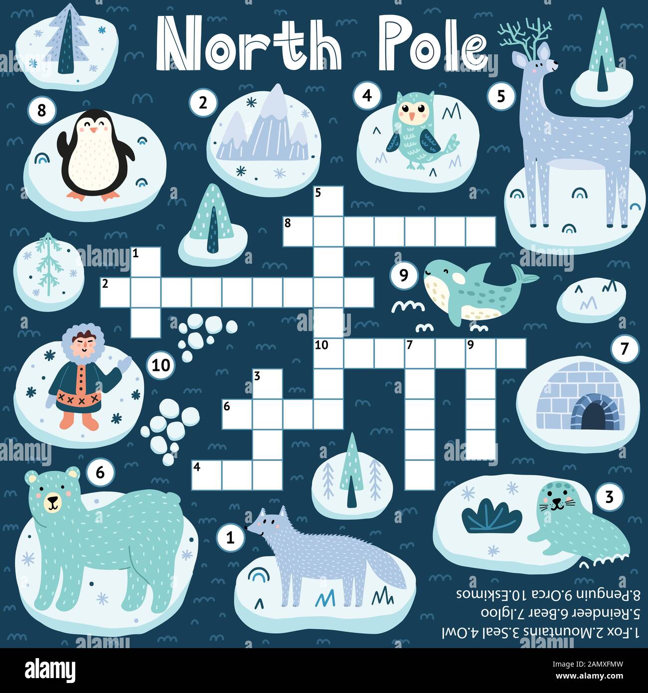 Gioco di cruciverba di animali del Polo Nord per i bambini Illustrazione Vettoriale