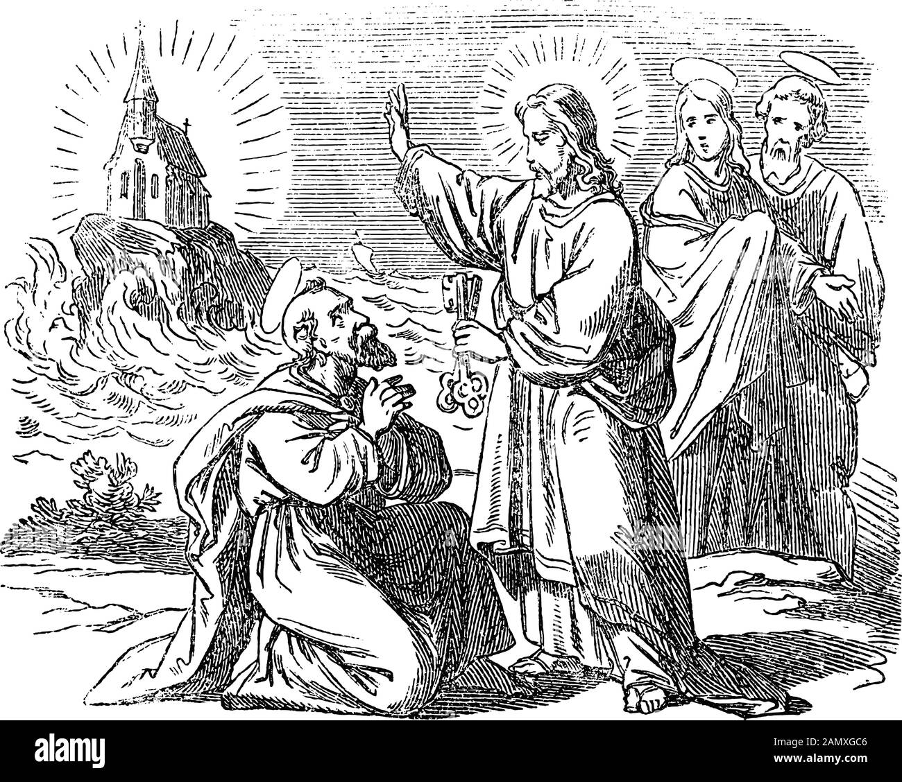 Disegno o incisione d'epoca della storia biblica di Pietro dichiara che Gesù è il Messia. Gesù sta dando le chiavi del regno di Eave a san Pietro.Bibbia, nuovo Testamento, Matteo 16. Biblische Geschichte , Germania 1859. Illustrazione Vettoriale