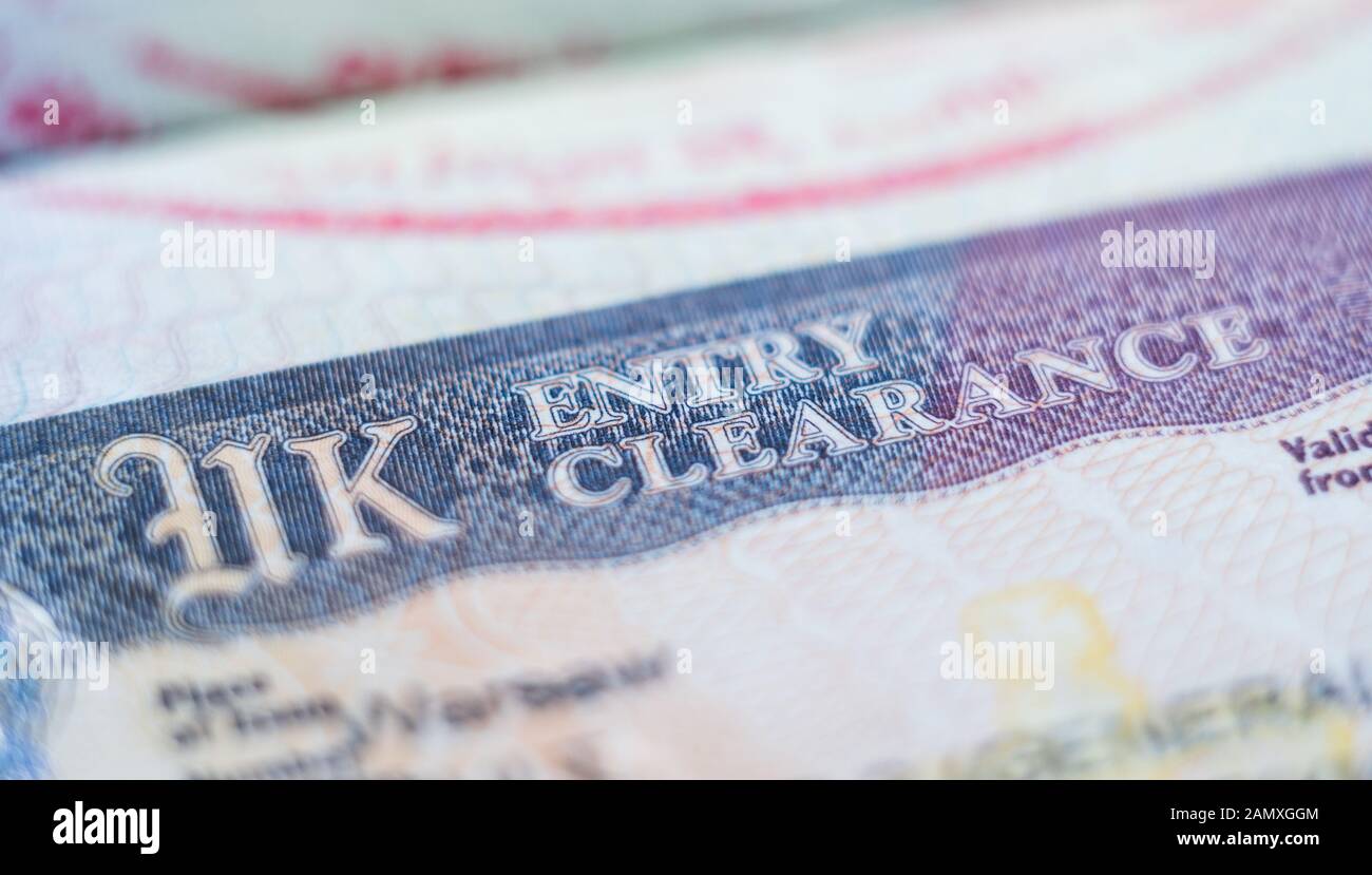 Regno Unito - Gennaio 2020: close up Entry Clearance visa intestazione nel passaporto. Foto Stock