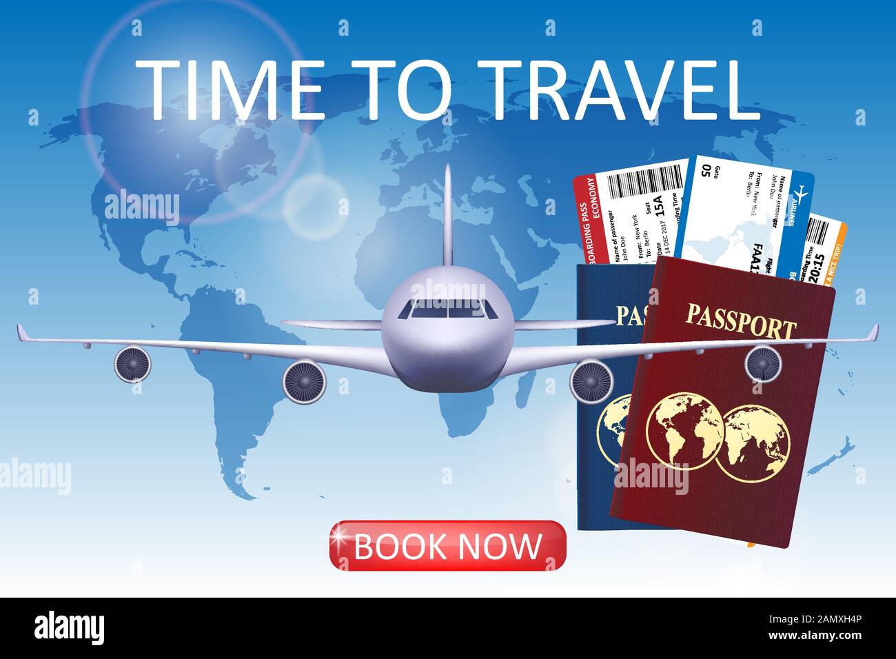 Illustrazione del viaggio aereo con l'aereo. Opuscolo sul tema del turismo. Agenzia viaggi d'affari pubblicità disegno di poster di aeroplano. Illustrazione del vettore Illustrazione Vettoriale