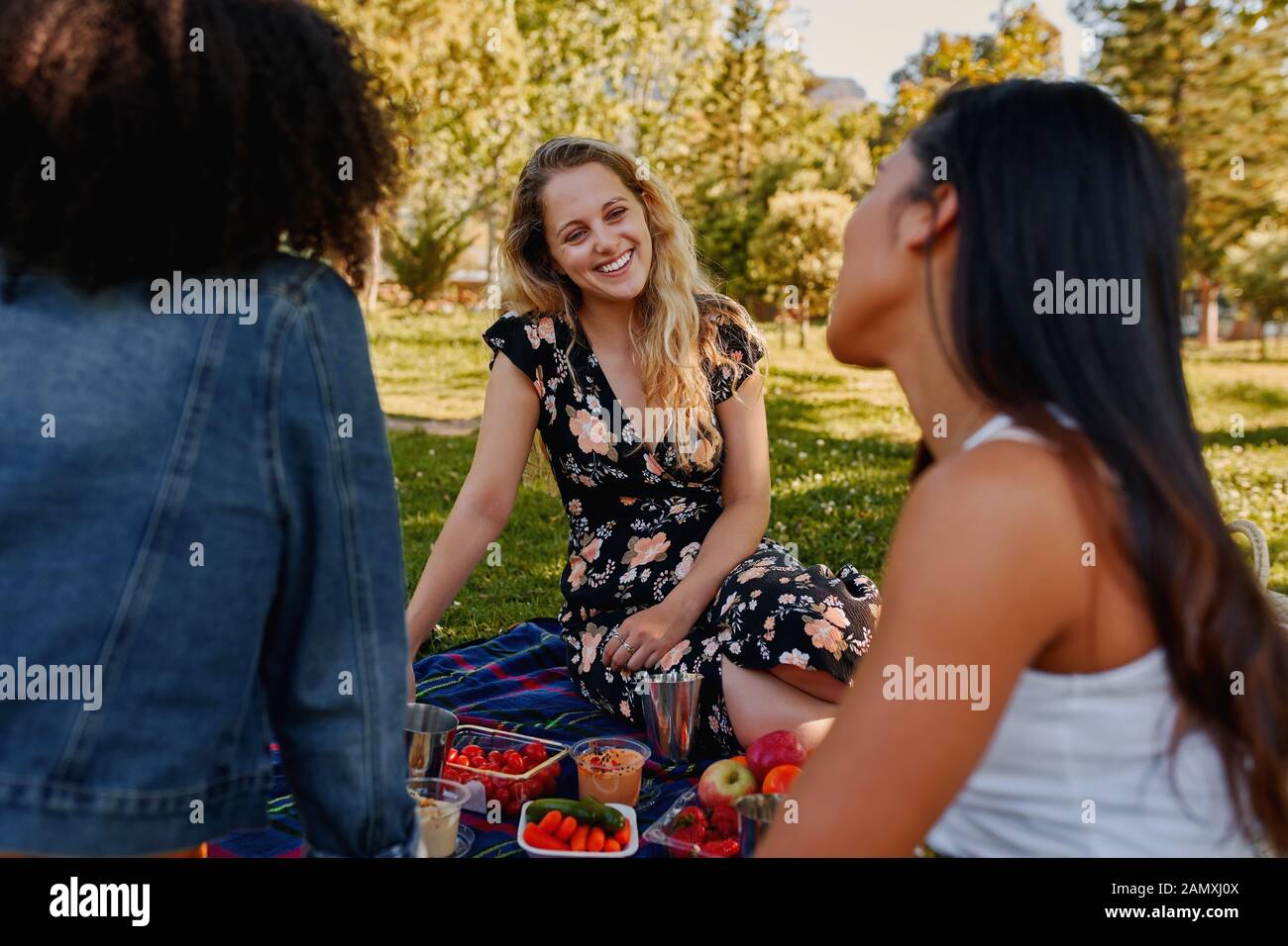 Ritratto di un gruppo di multirazziale femmina diversi amici seduti nel parco godendo un picnic all'aperto durante il periodo estivo in un giorno caldo e soleggiato Foto Stock