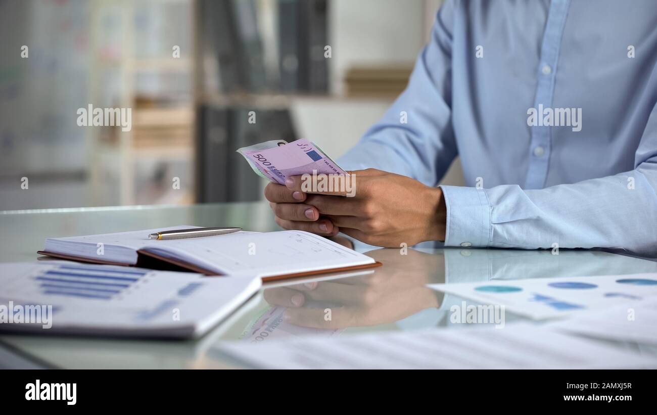 Bilancio di pianificazione uomo, contando l'euro in ufficio, la distribuzione del reddito delle piccole imprese Foto Stock