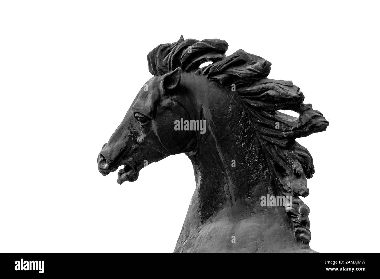 Testa di cavallo scultura di close-up. Il Bronzo Testa di cavallo nero su bianco, parte della composizione scultorea isolare allevati testa di cavallo Foto Stock