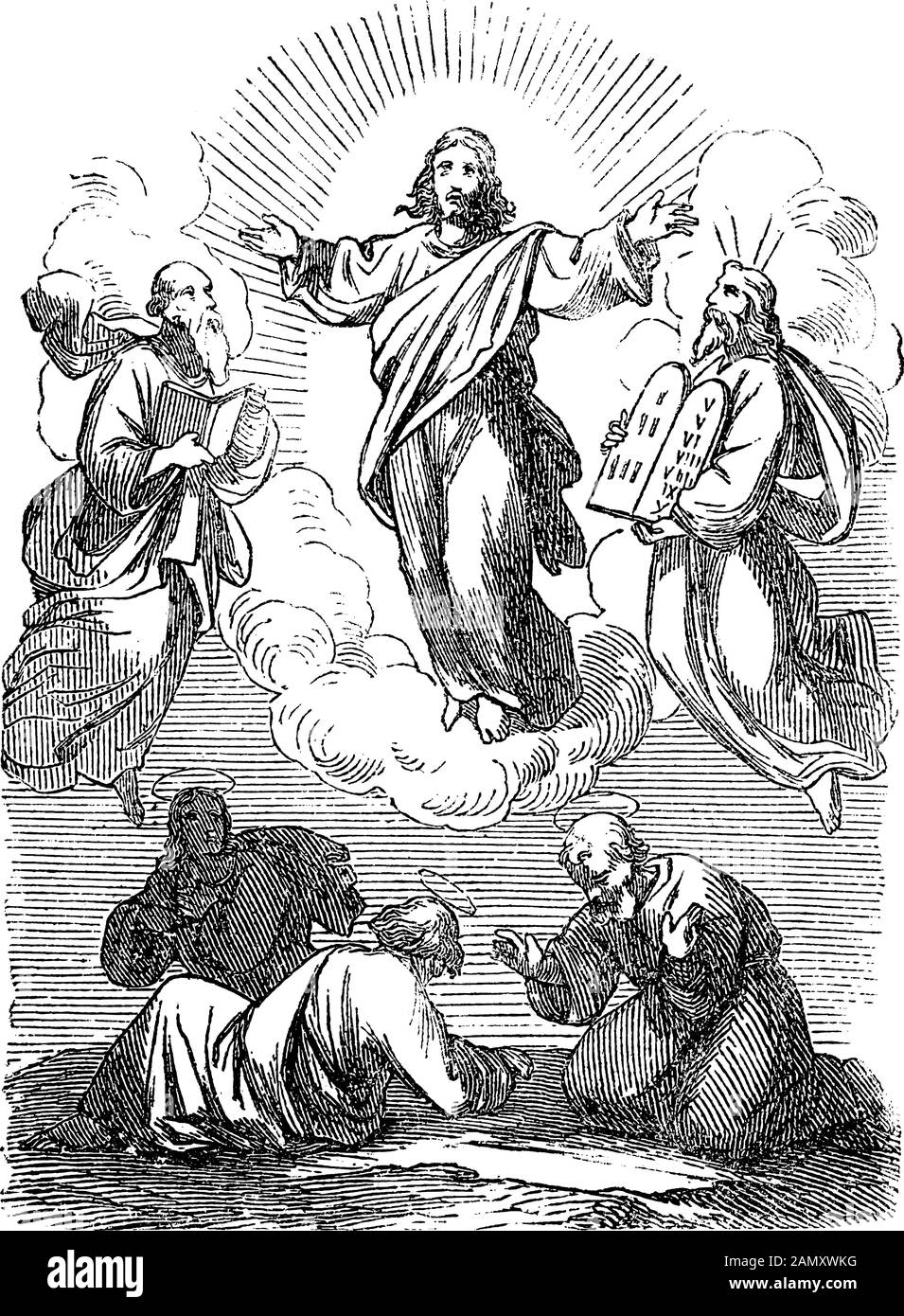 Disegno d'epoca o incisione della storia biblica di Gesù che parla con Mosè ed Elia.Bibbia, nuovo Testamento, Matteo 17. Biblische Geschichte , Germania 1859. Illustrazione Vettoriale