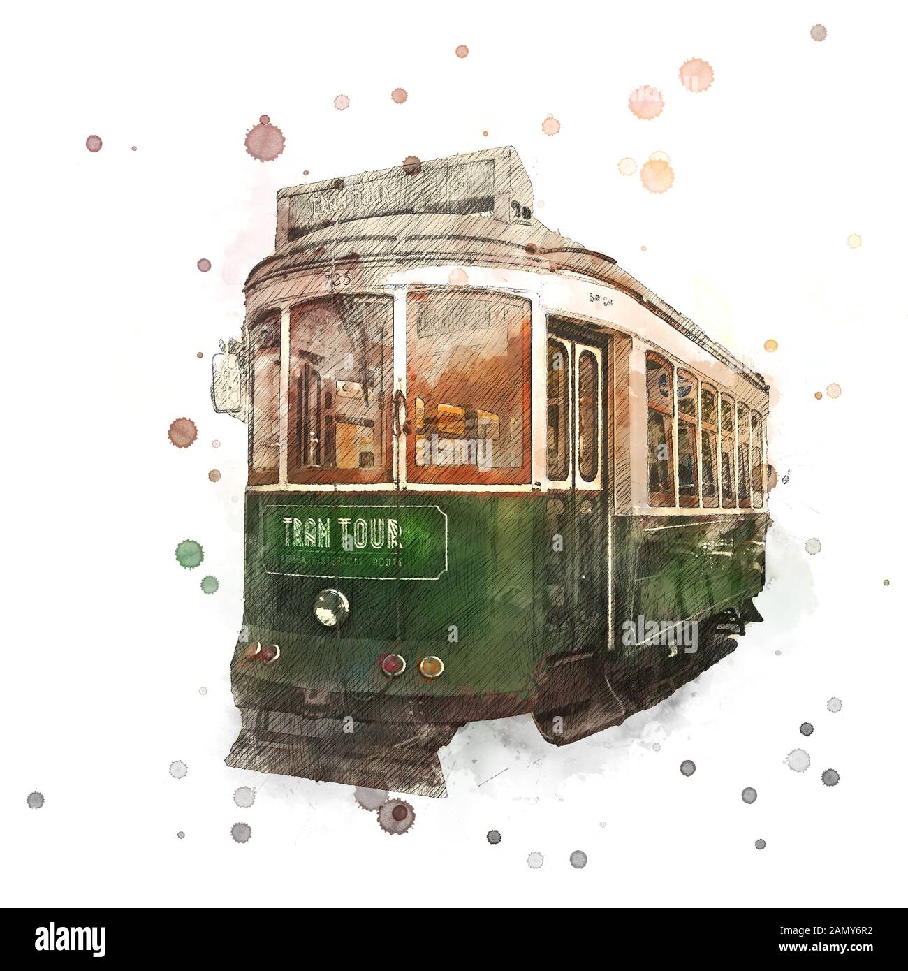 Immagine digitale migliorata di un tram verde nelle strette strade affollate di Lisbona, Portogallo Foto Stock