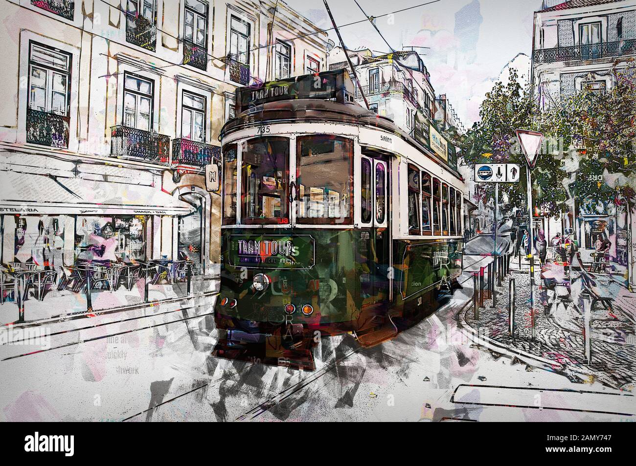 Immagine digitale migliorata di un tram verde nelle strette strade affollate di Lisbona, Portogallo Foto Stock