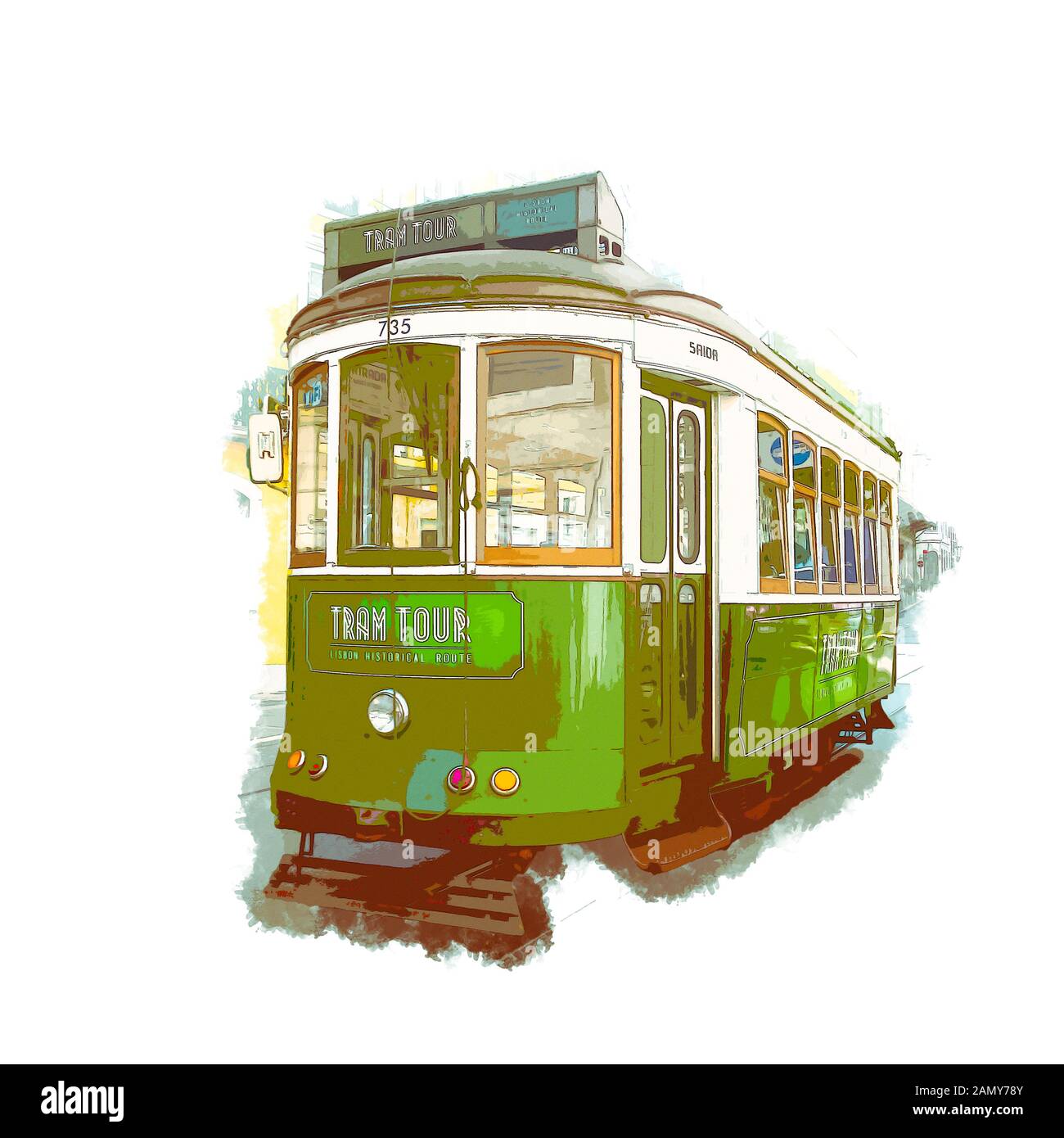Immagine digitale migliorata di un tram verde nelle strette strade affollate di Lisbona, Portogallo Foto Stock