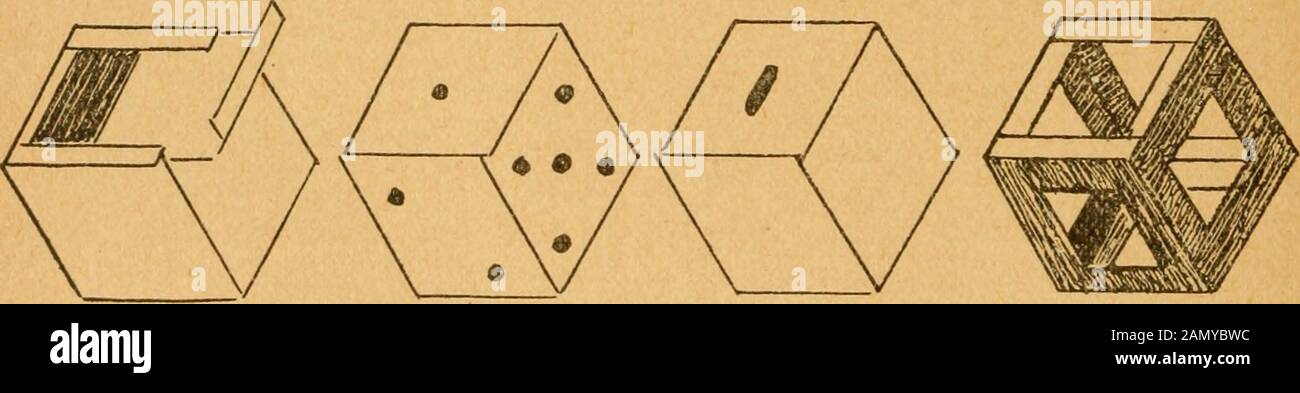 Lavori di costruzione in cartone e carta per i gradi da i a IV, senza l'uso di utensili; con un corso di lavorazione del legno per il quinto grado . ao 11 xz LAVORO DI CARTONE. 57 LAVORI DI COSTRUZIONE DEL CARTONE. Il cubo è la base della geometria e la base di questo metodo. Materiali. - Figg. da i a 12, nn. 17, 18, 19, 20. Posizionare una carta sull'altra sotto forma di croce, come mostrato in Fig. 1, e piegare sui bordi sovrapposti dei quattro lati. Continuare fino a quando ciascuna delle carte come rappresentato nelle Figg. 2 e 3. Posizionare una delle schede sulla scrivania o sul tavolo, come nella Fig. 4; poi prendete due delle carte Foto Stock