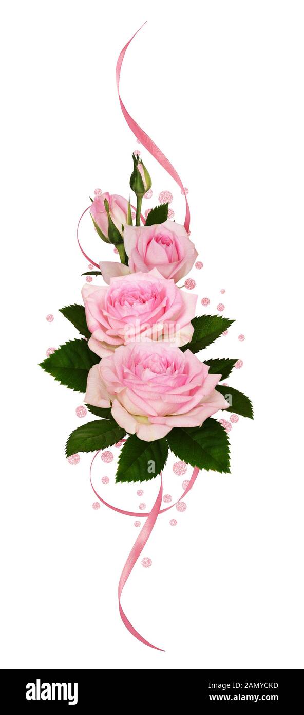 Rosa rosa fiori con foglie verdi, nastri di raso e glitter confetti in una  disposizione verticale isolato su sfondo bianco Foto stock - Alamy