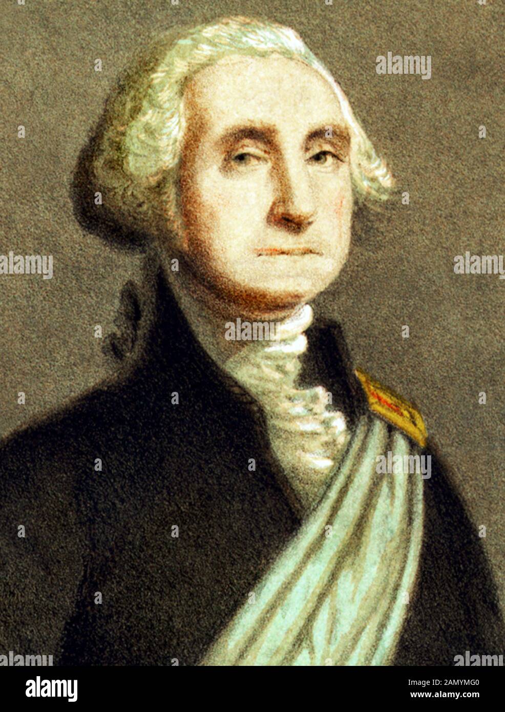 Ritratto d'epoca di George Washington (1732 - 1799) – Comandante dell'esercito continentale nella guerra rivoluzionaria americana / Guerra d'indipendenza (1775 - 1783) e il primo presidente degli Stati Uniti (1789 - 1797). Dettaglio da una stampa del 1866 di Strobridge & Gerlach di Cincinnati. Foto Stock