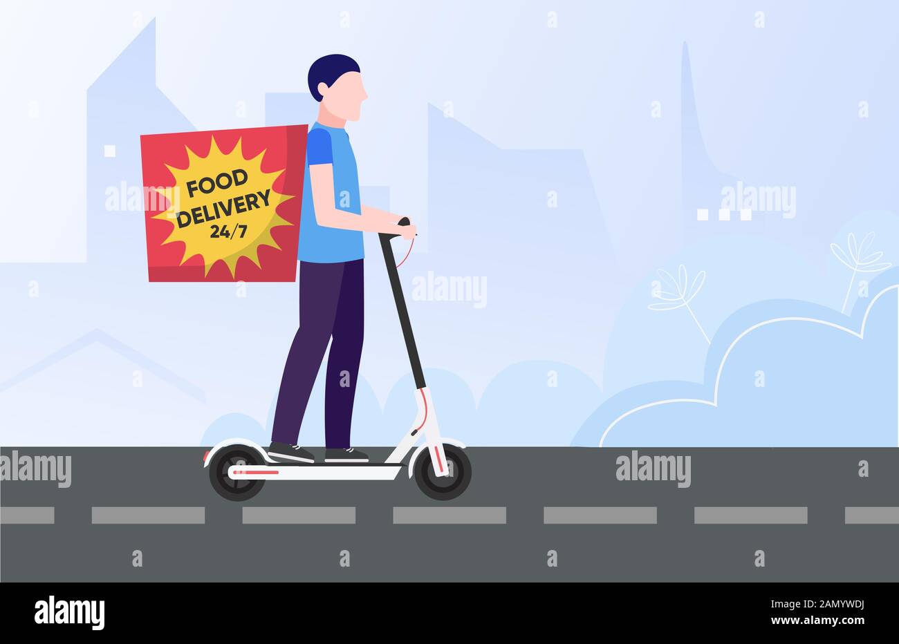 Concetto di consegna di cibo. Immagine vettoriale piatta minima del corriere sullo scooter elettrico Illustrazione Vettoriale