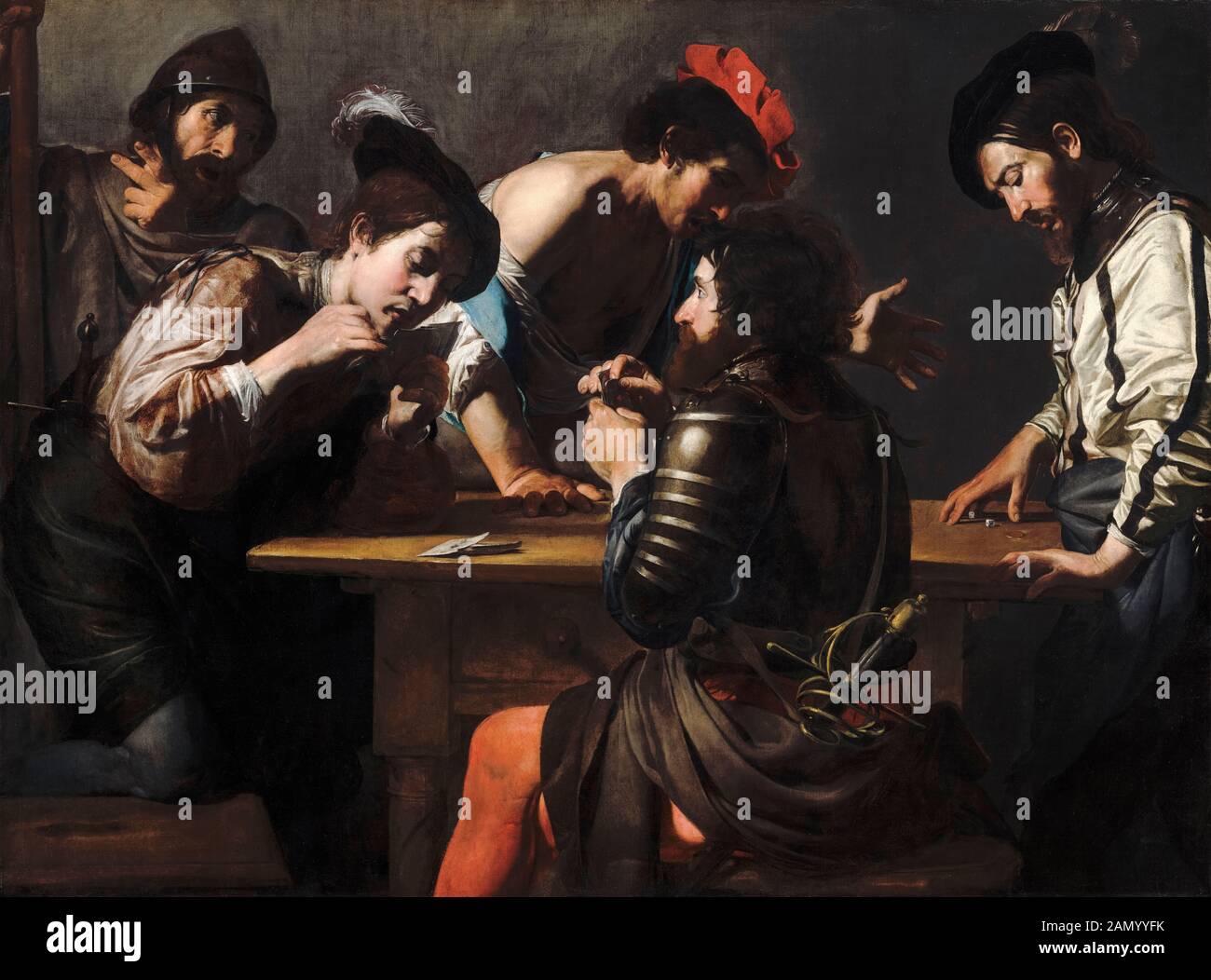 Valentin de Boulogne, Soldiers Playing Cards and dadi, (The Cheats), pittura, 1618-1620 Foto Stock