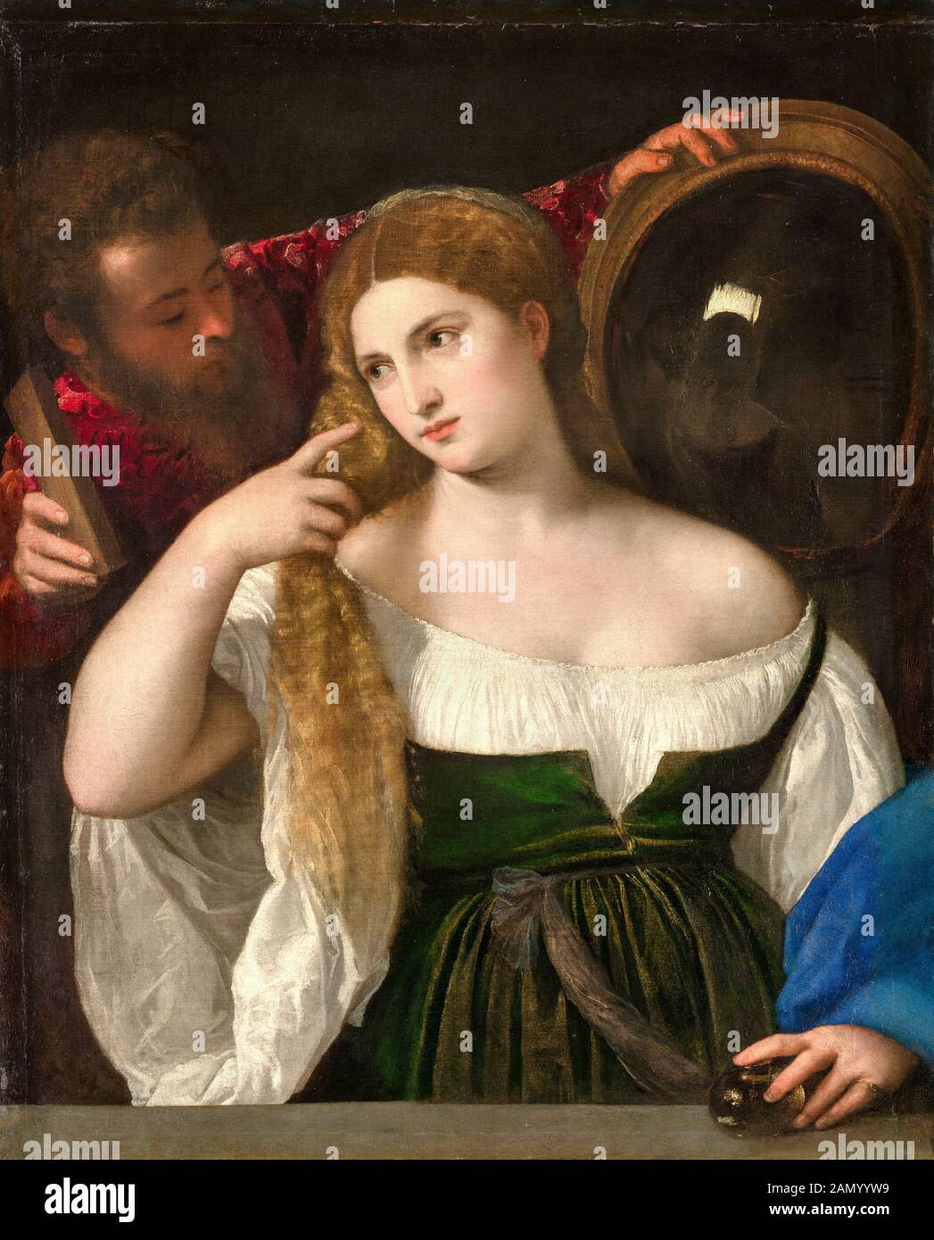 Tiziano, Tiziano Vecellio, donna con specchio, pittura ad olio su tela, circa 1515 Foto Stock