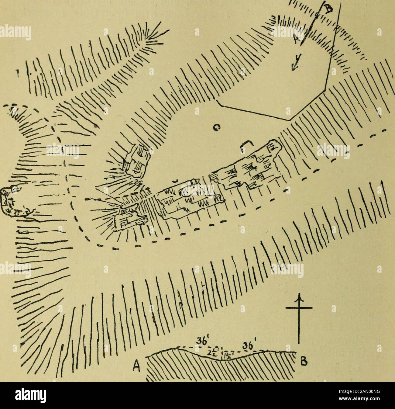 Sesto rapporto e inventario di monumenti e costruzioni nella contea di Berwick . piedi da 60 piedi. O.S.M., Ber., iv. NE. (senza nota). Visitato Aprile 1912. 62. Fort, Tower Farm (West Fort). - Questo Forte (Fig. 28) si trova su un'arocky Knoll, in parte a ovest, a circa 500 metri a sud-ovest di Tower Farm, a J Mile a ovest del n° 61 e ad un'altitudine di some480 piedi sopra il livello del mare. Si è trattato di un piccolo ovale irregolare che misura interiormente circa 120 piedi per 100 piedi, circondato da un bastione singlestony integrato da un breve tumulo esterno a ovest dove il terreno è più piano. L'ingresso è stato da Foto Stock