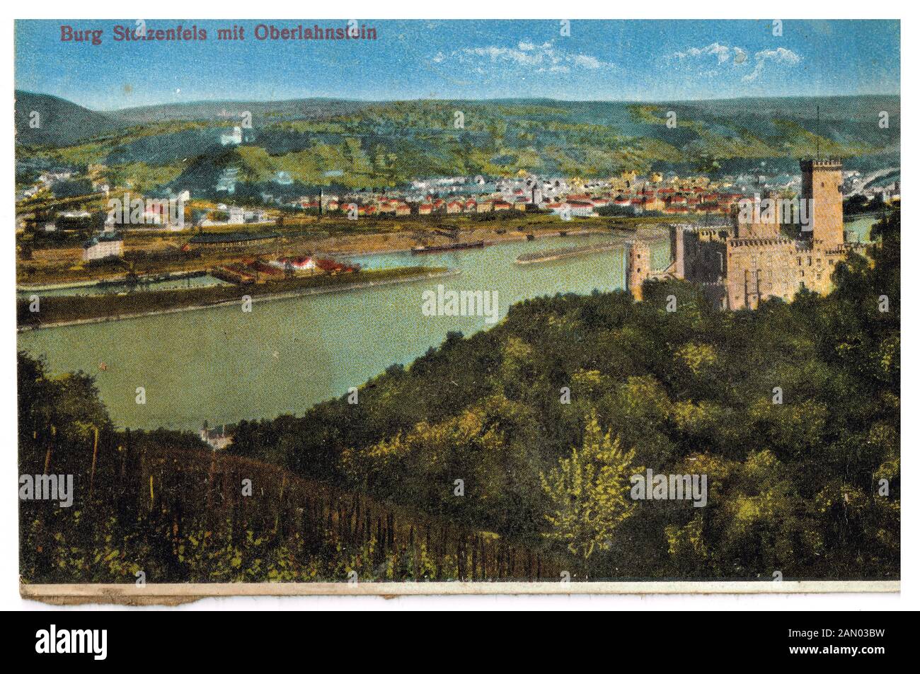 Il castello di Stolzensfels e Oberlahnstein città vecchia cartolina dipinta, Germania Foto Stock