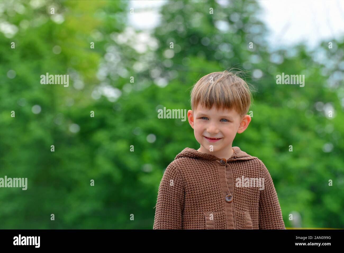 Ritratto di un ragazzo in un maglione marrone sulla natura. Foto Stock