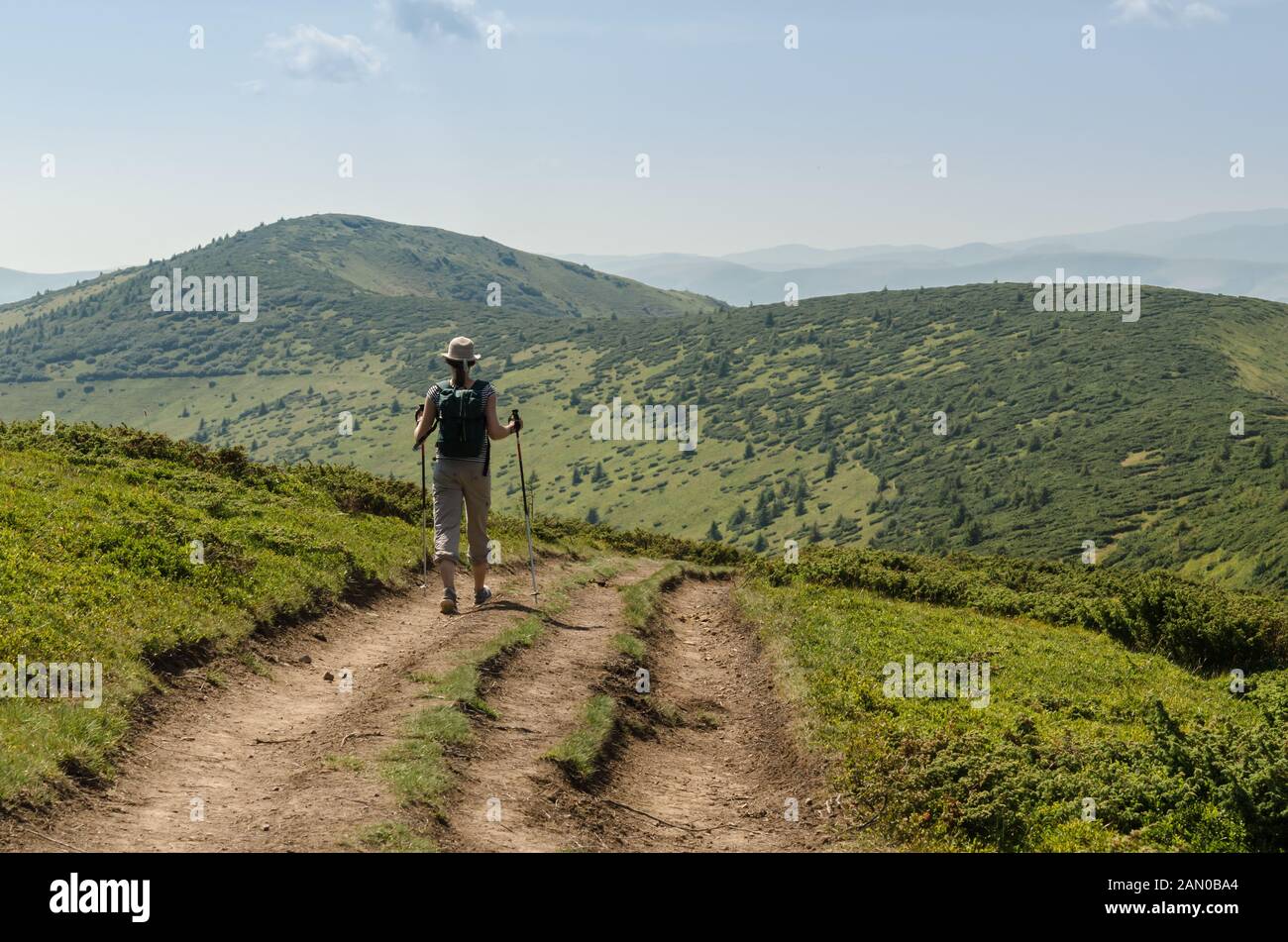 Giovane donna con uno zaino e bastoncini da sci a piedi in salita alla cima della montagna. Viaggi avventura Outdoor Concept. Montare Petros Carpatians ucraino Foto Stock