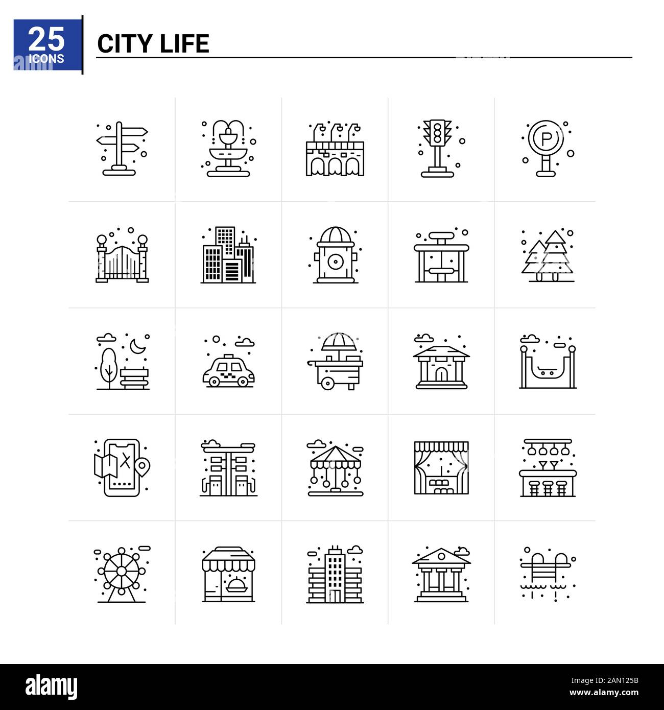Set di 25 icone City Life. Sfondo vettoriale Illustrazione Vettoriale