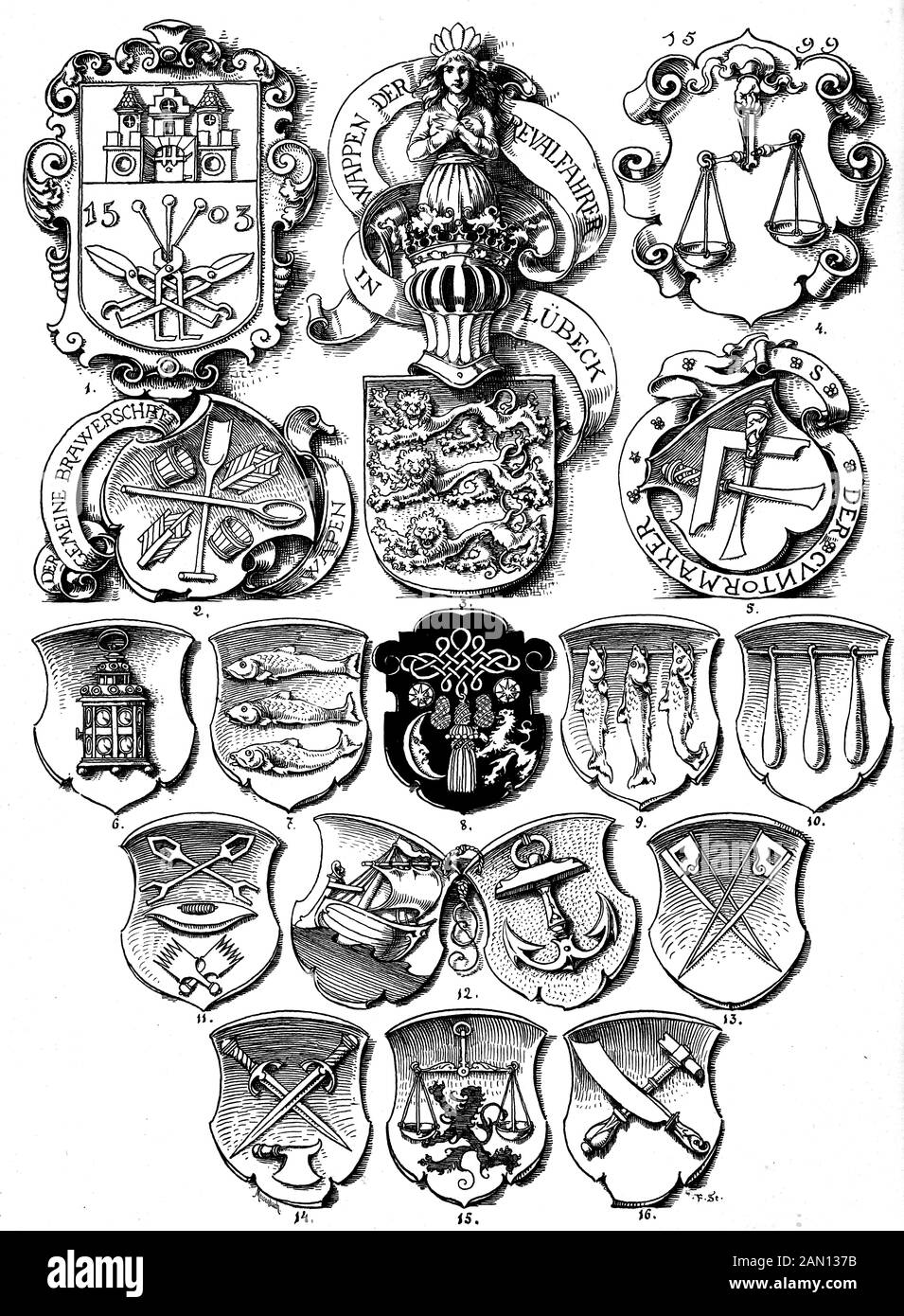 Guild e stemma, allegorie ed emblemi - Zumpft und Berufswappen Foto Stock