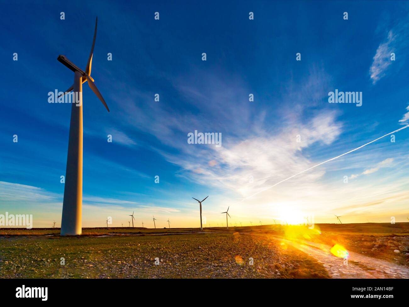 Parco eolico e mulini a vento in paesaggi e campi di tramonto. Concetto di ingegneria e energie rinnovabili. Ecologia e ambiente Foto Stock