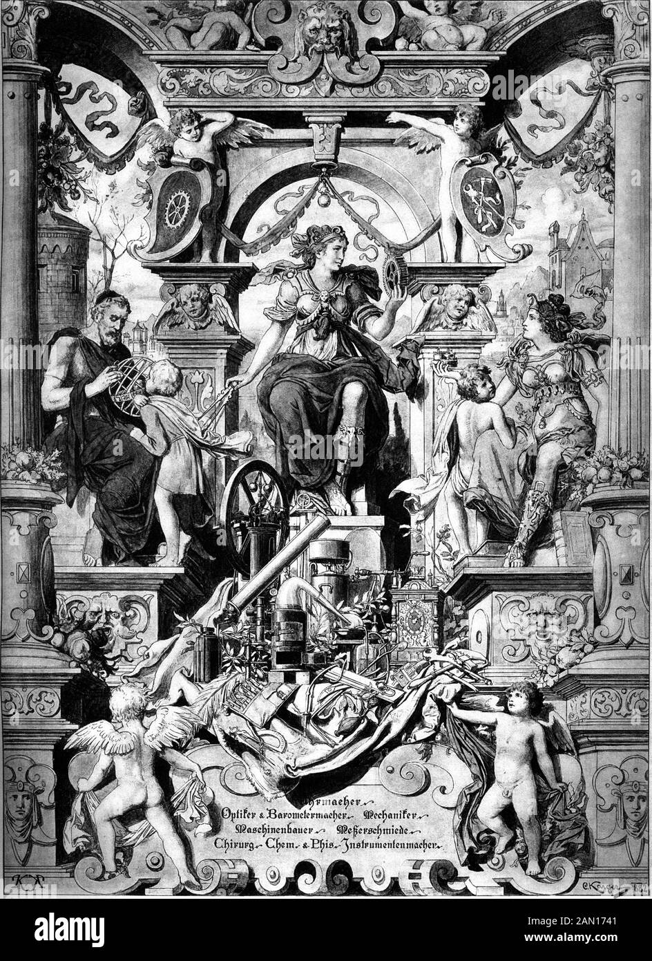 Emblemi e stemma delle corporazioni di orologeria, Ottica, meccanica, i costruttori di macchine, antica fucina, chimica e fisica degli strumenti politici. Foto Stock